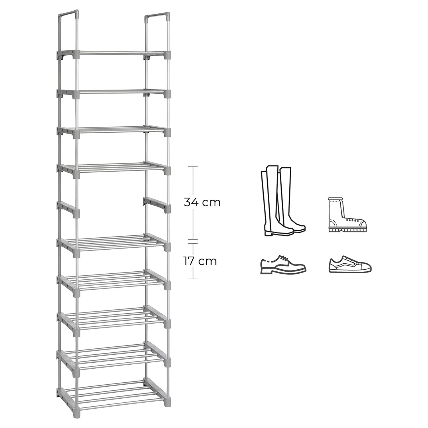 Stalak za cipele s 10 polica, 45 x 30 x 174 cm, siva boja | SONGMICS-vitahome.hr