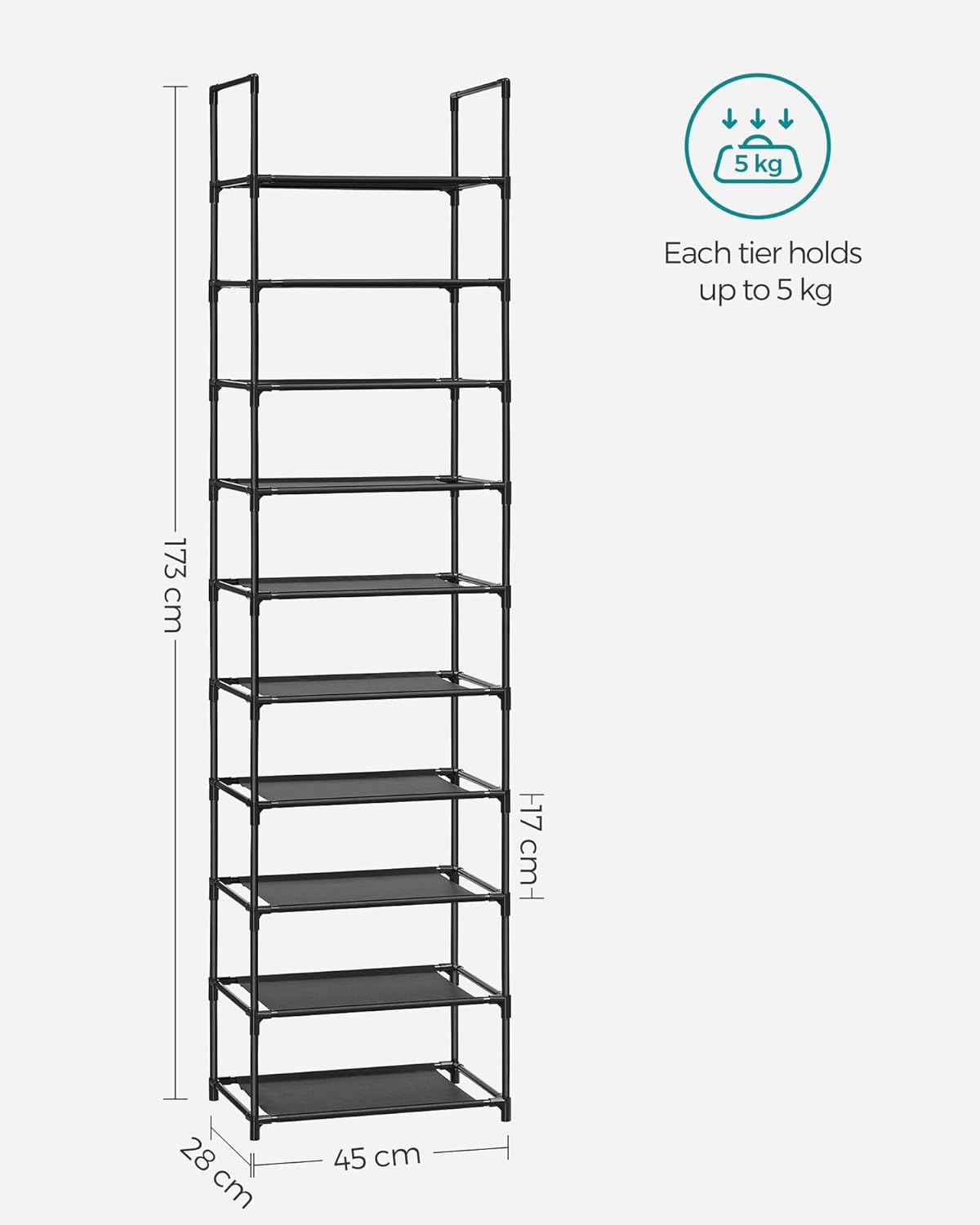 Stalak za cipele s 10 razina, 45 x 28 x 173 cm, crne boje | SONGMICS-vitahome.hr
