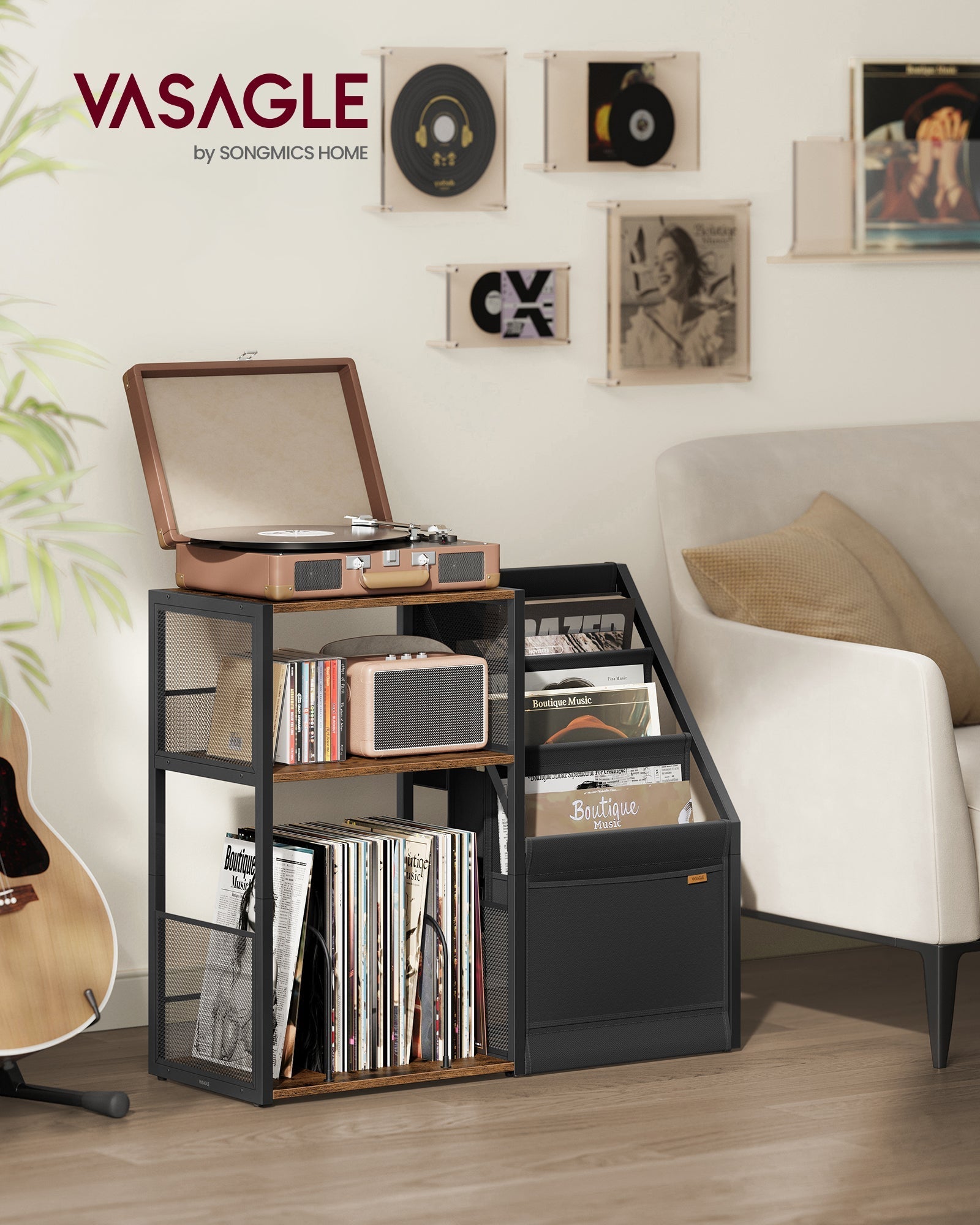 Stalak za gramofon, 3 etaže, za pohranu vinila, rustikalna smeđa