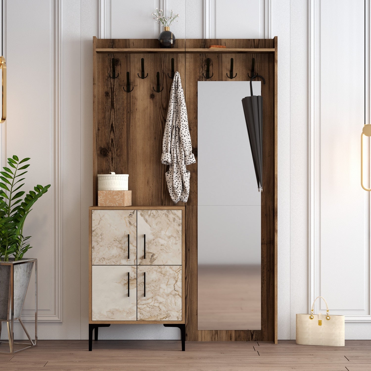 Stalak za hodnik Berlin BC - Walnut, White Marble | AG-vitahome.hr