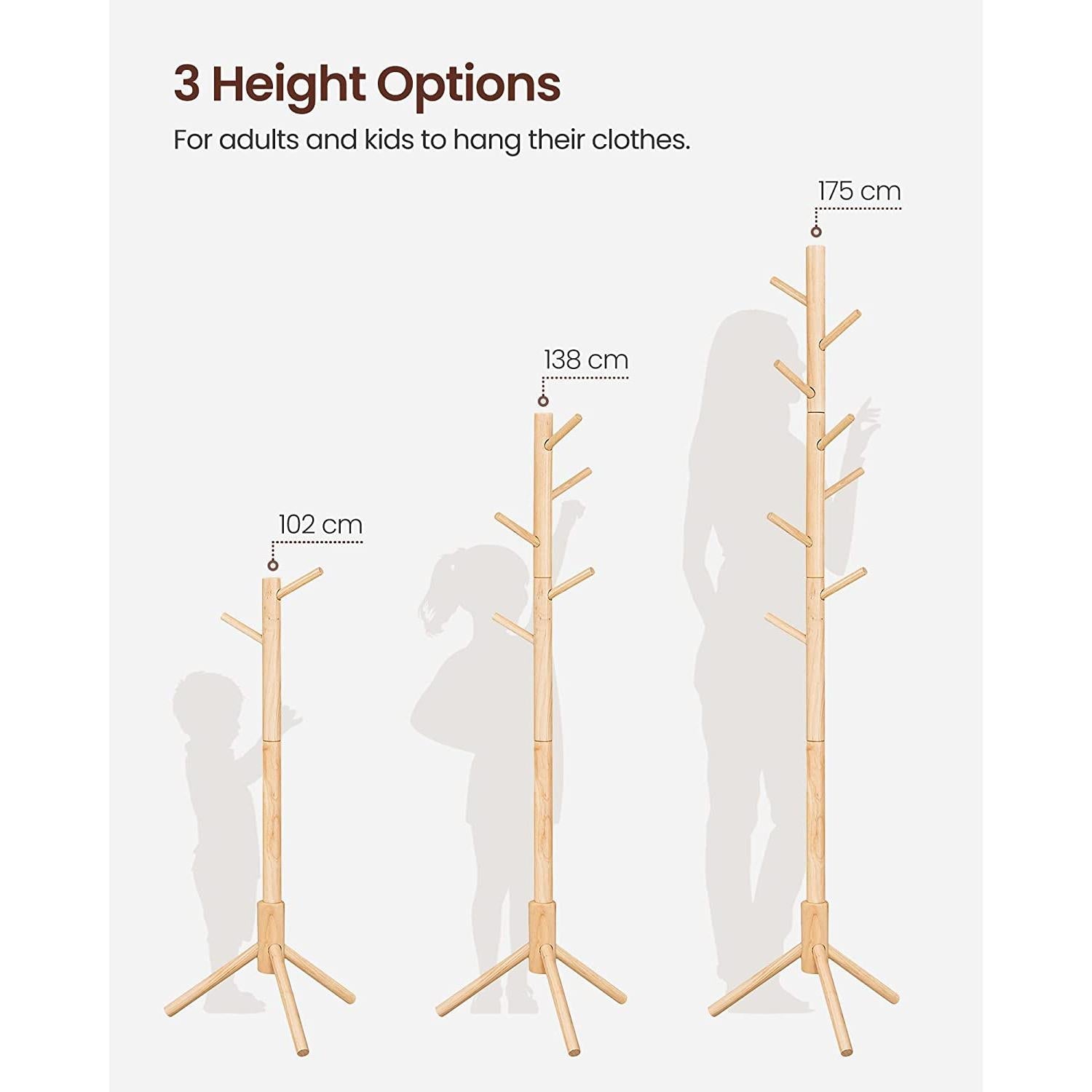 Stalak za kapute od punog drva s 8 kuka visine 175 cm | VASAGLE-vitahome.hr