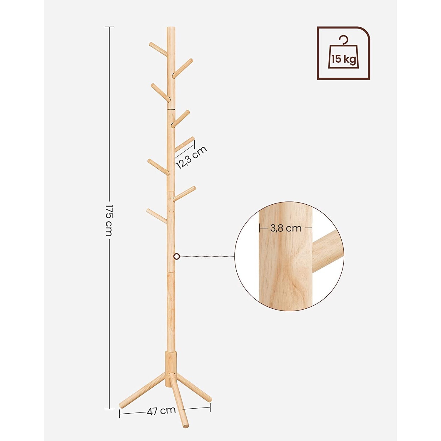 Stalak za kapute od punog drva s 8 kuka visine 175 cm | VASAGLE-vitahome.hr