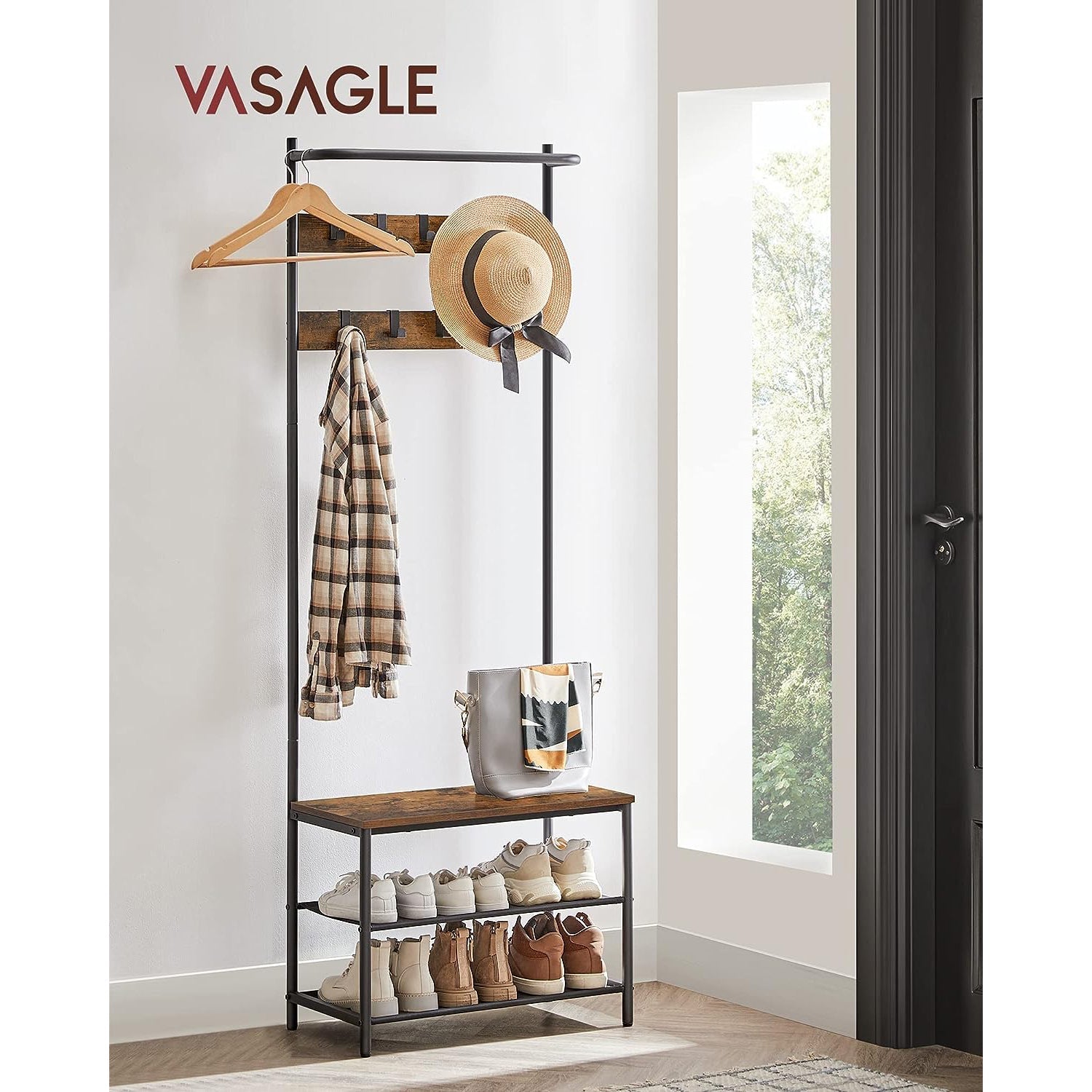 Stalak za kapute s klupom i 2 police za cipele, 32,2x64x180 cm, smedje crni | VASAGLE-vitahome.hr