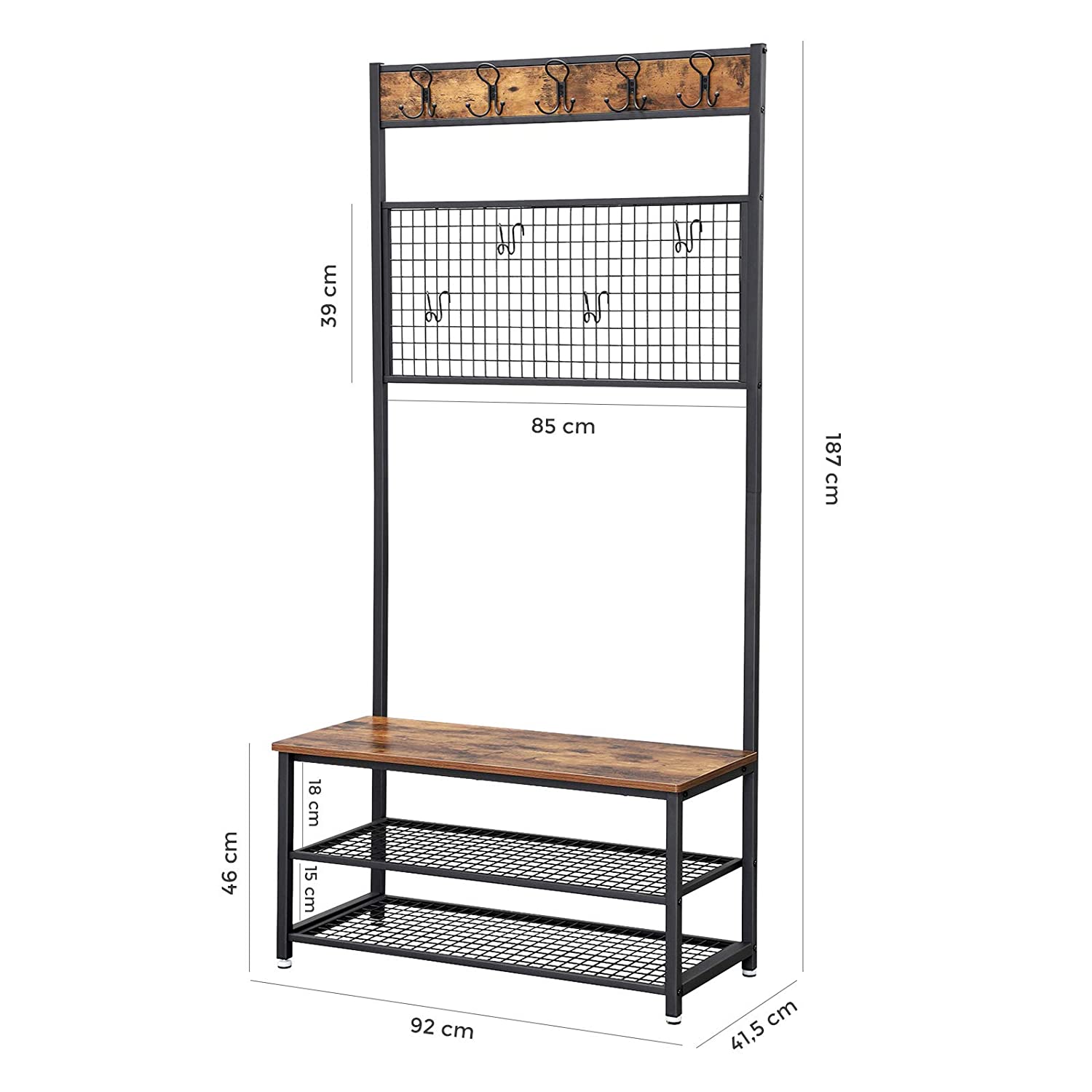 Stalak za kapute s klupom i dvije police za cipele, 92x41,5x187 cm, smeđe-crni | VASAGLE-vitahome.hr