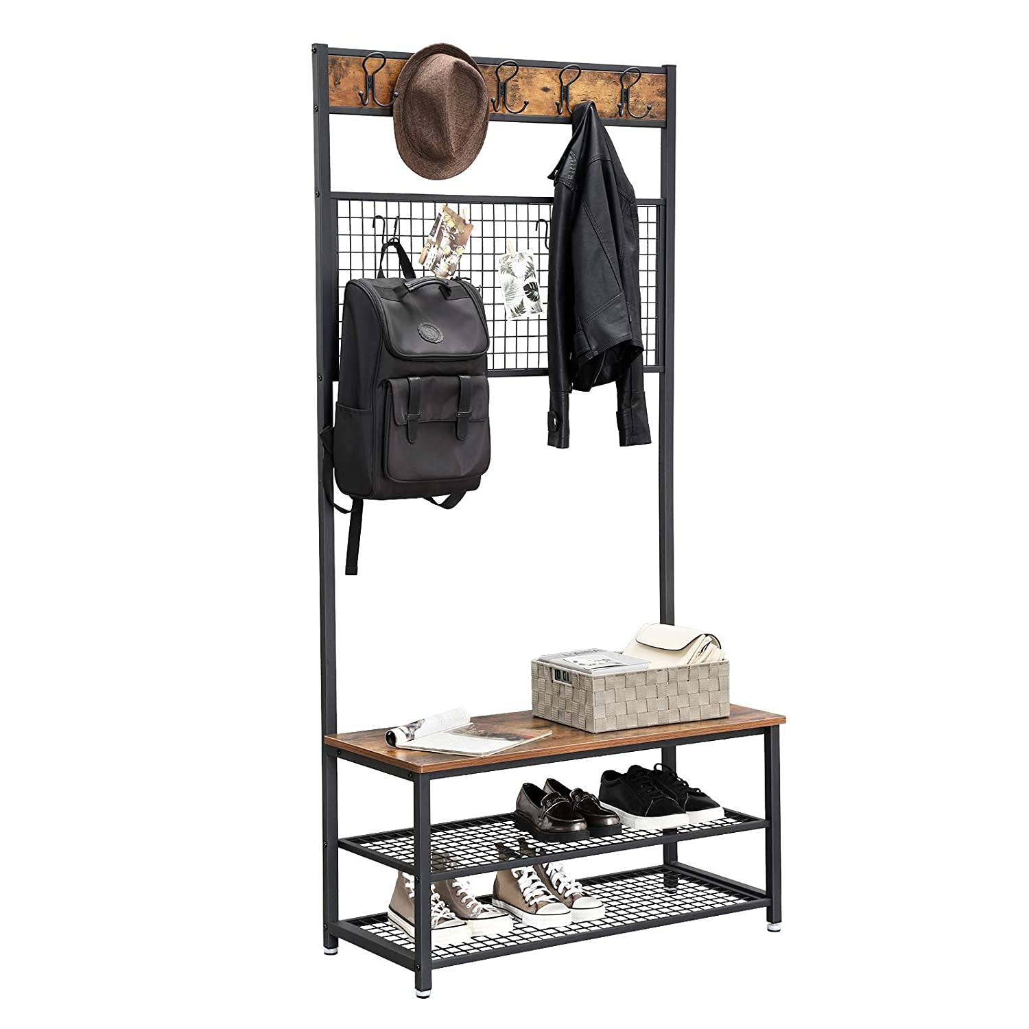 Stalak za kapute s klupom i dvije police za cipele, 92x41,5x187 cm, smeđe-crni | VASAGLE-vitahome.hr