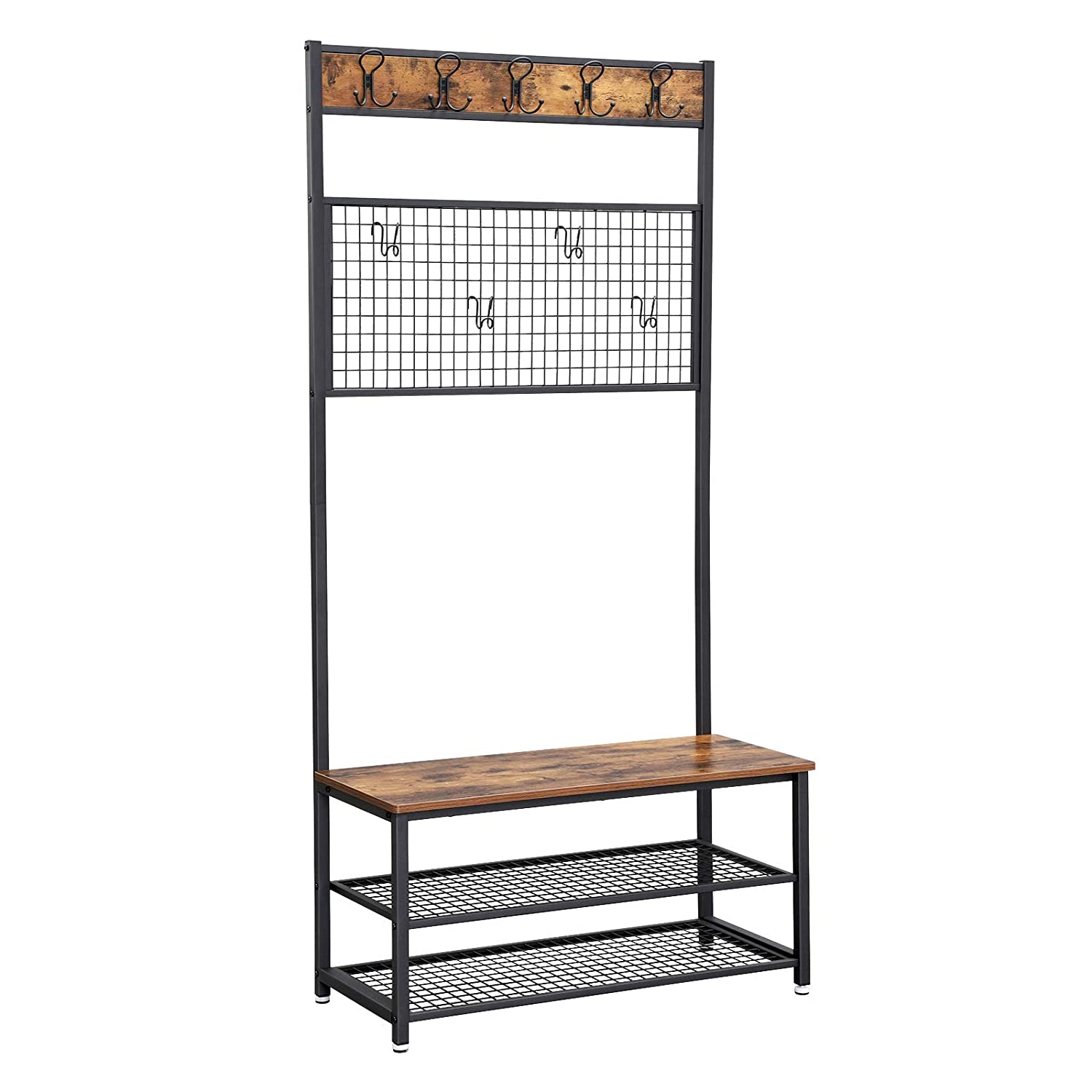 Stalak za kapute s klupom i dvije police za cipele, 92x41,5x187 cm, smeđe-crni | VASAGLE-vitahome.hr