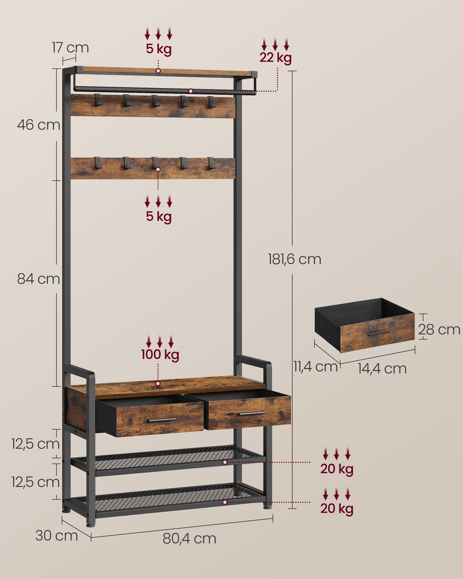 Stalak za kapute s klupom za obuvanje, 30 x 80,4 x 181,6 cm, smeđe crni | VASAGLE-vitahome.hr