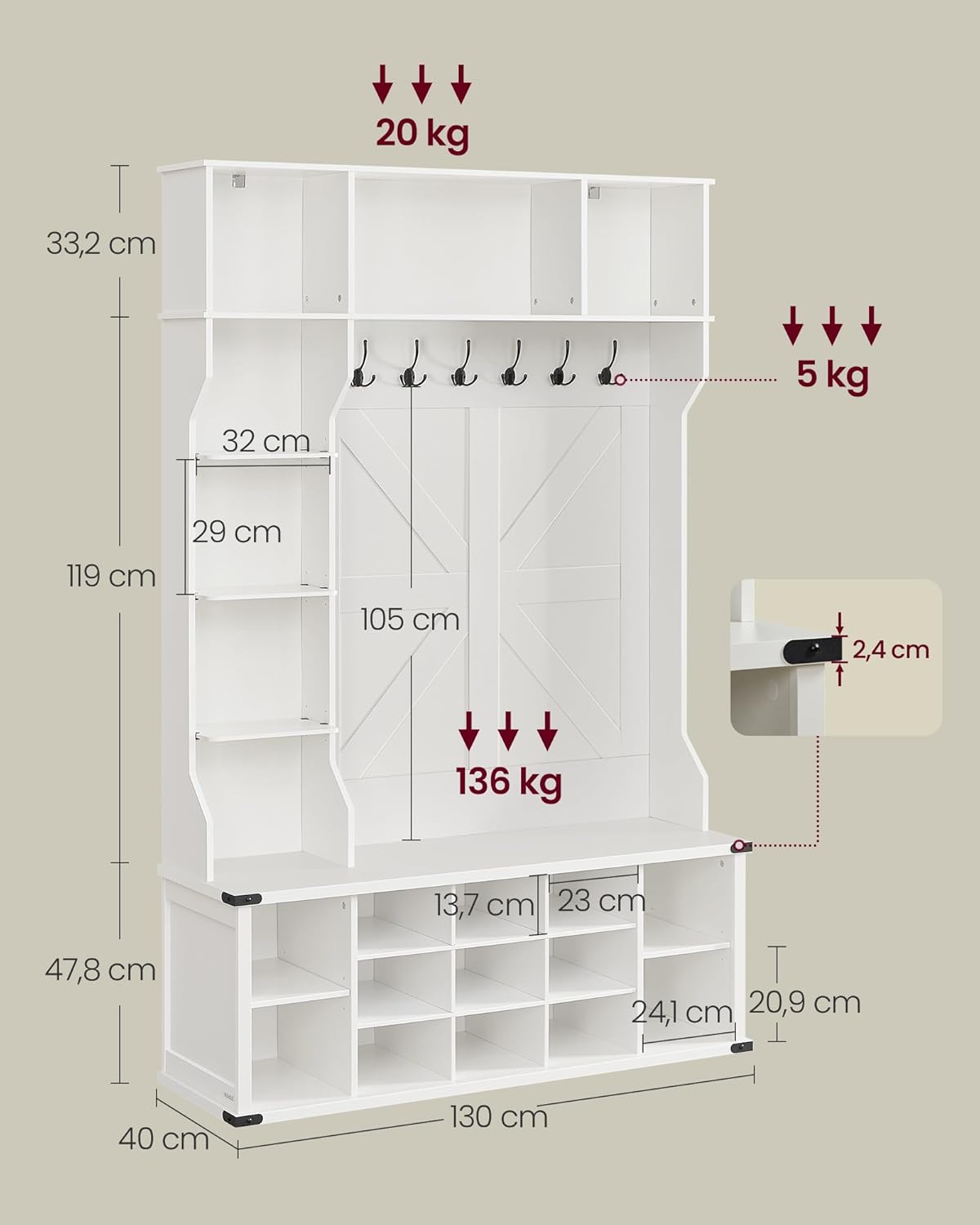 Stalak za kapute s policom za obuću, 40 x 130 x 200 cm, bijele boje | VASAGLE-vitahome.hr