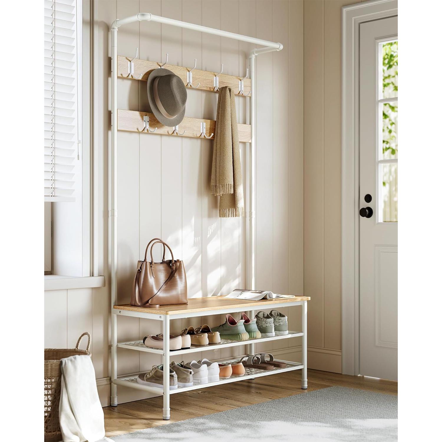 Stalak za kapute s prostorom za cipele, 41,5 x 100 x 182 cm, hrast i bijela boja | VASAGLE-vitahome.hr