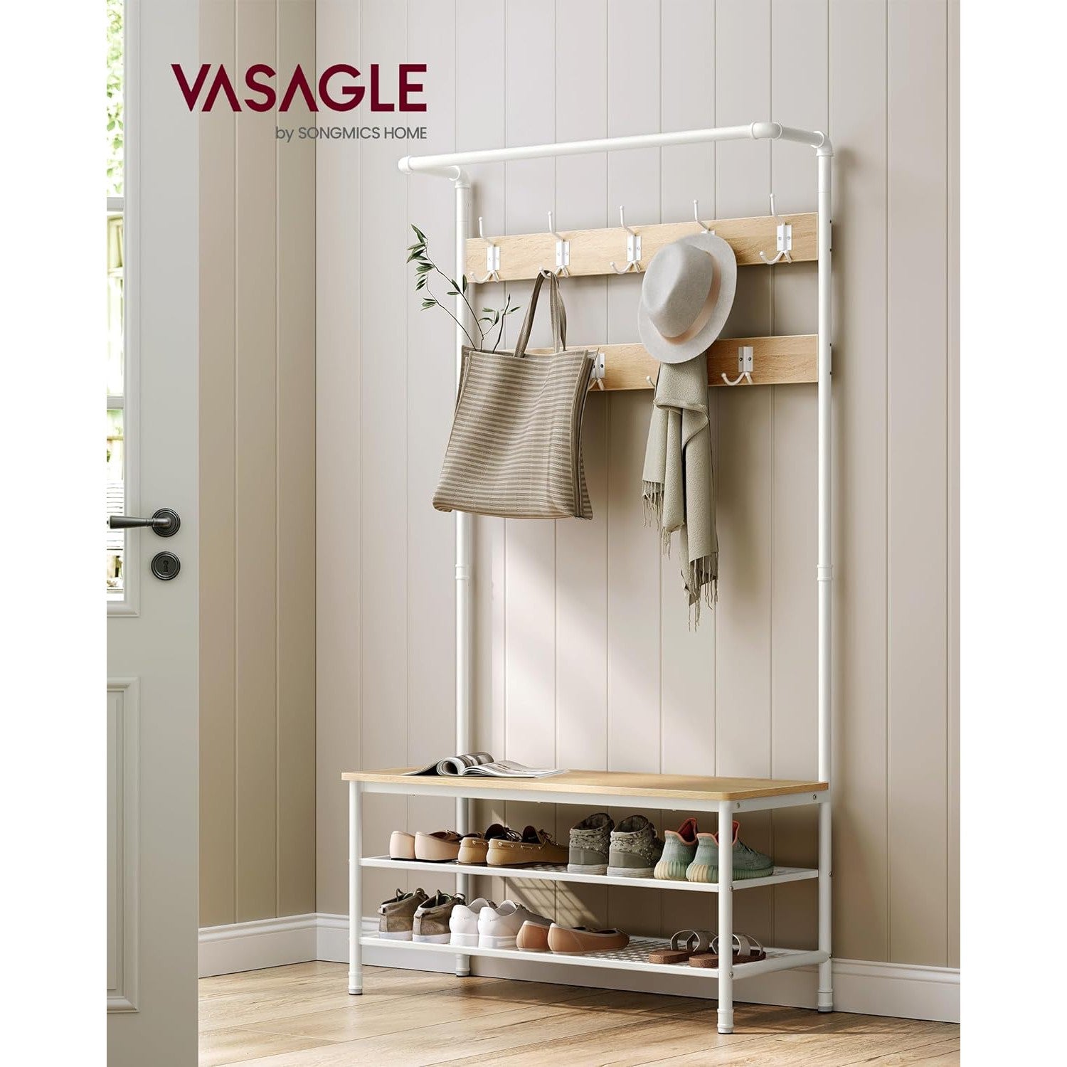 Stalak za kapute s prostorom za cipele, 41,5 x 100 x 182 cm, hrast i bijela boja | VASAGLE-vitahome.hr