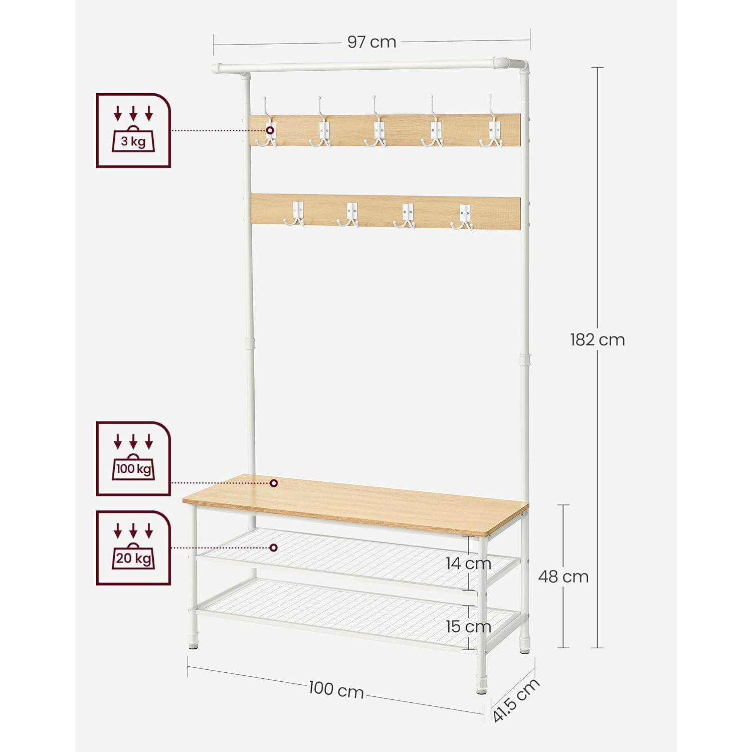 Stalak za kapute s prostorom za cipele, 41,5 x 100 x 182 cm, hrast i bijela boja | VASAGLE-vitahome.hr