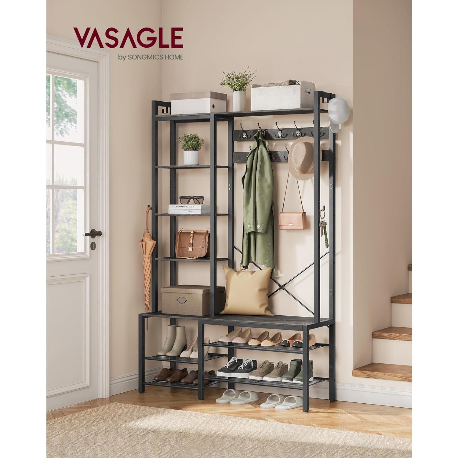 Stalak za kapute s prostorom za obuću, 140x120x190 cm, sive i crne boje | VASAGLE-vitahome.hr