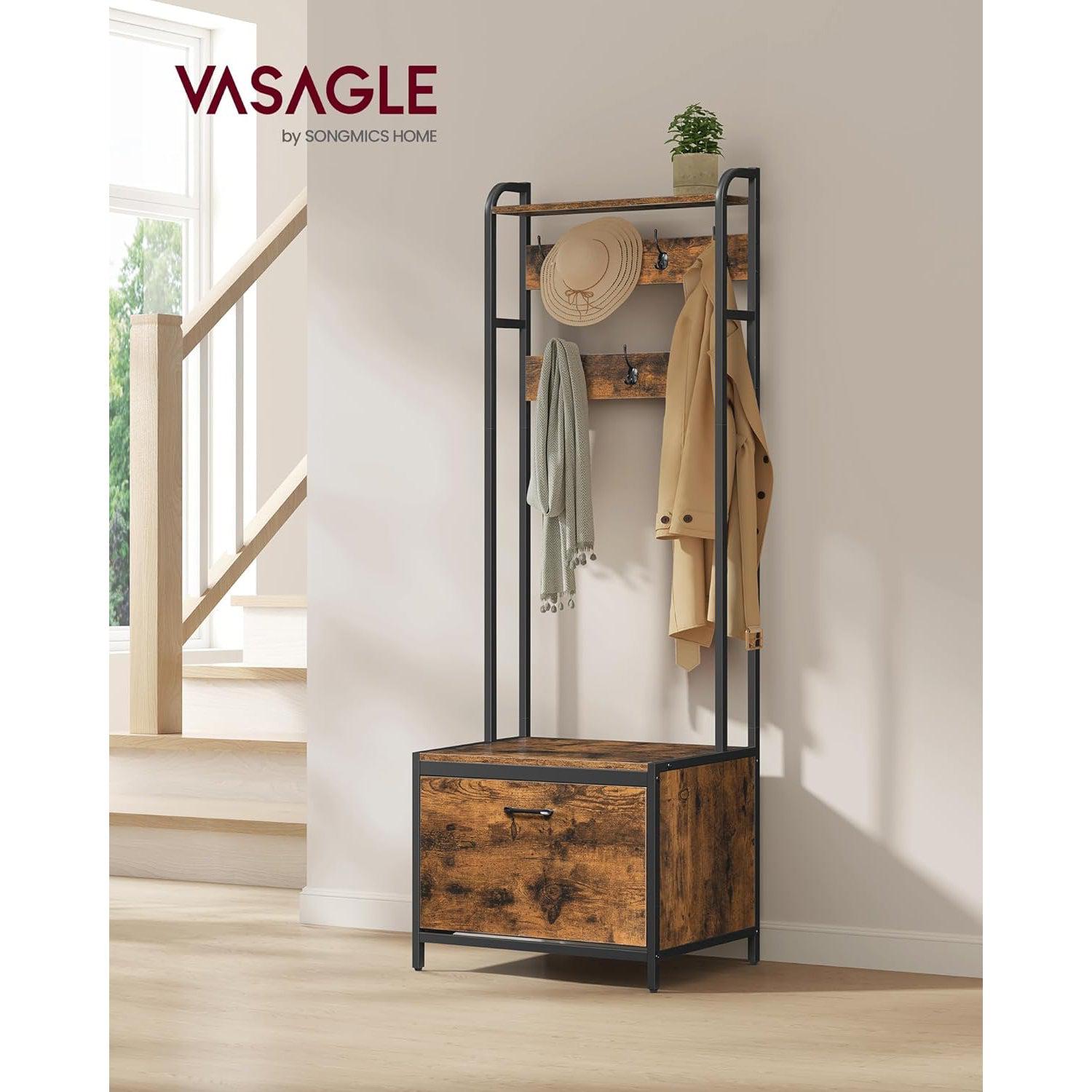 Stalak za kapute s prostorom za odlaganje cipela, vintage smeđa i crna | VASAGLE-vitahome.hr