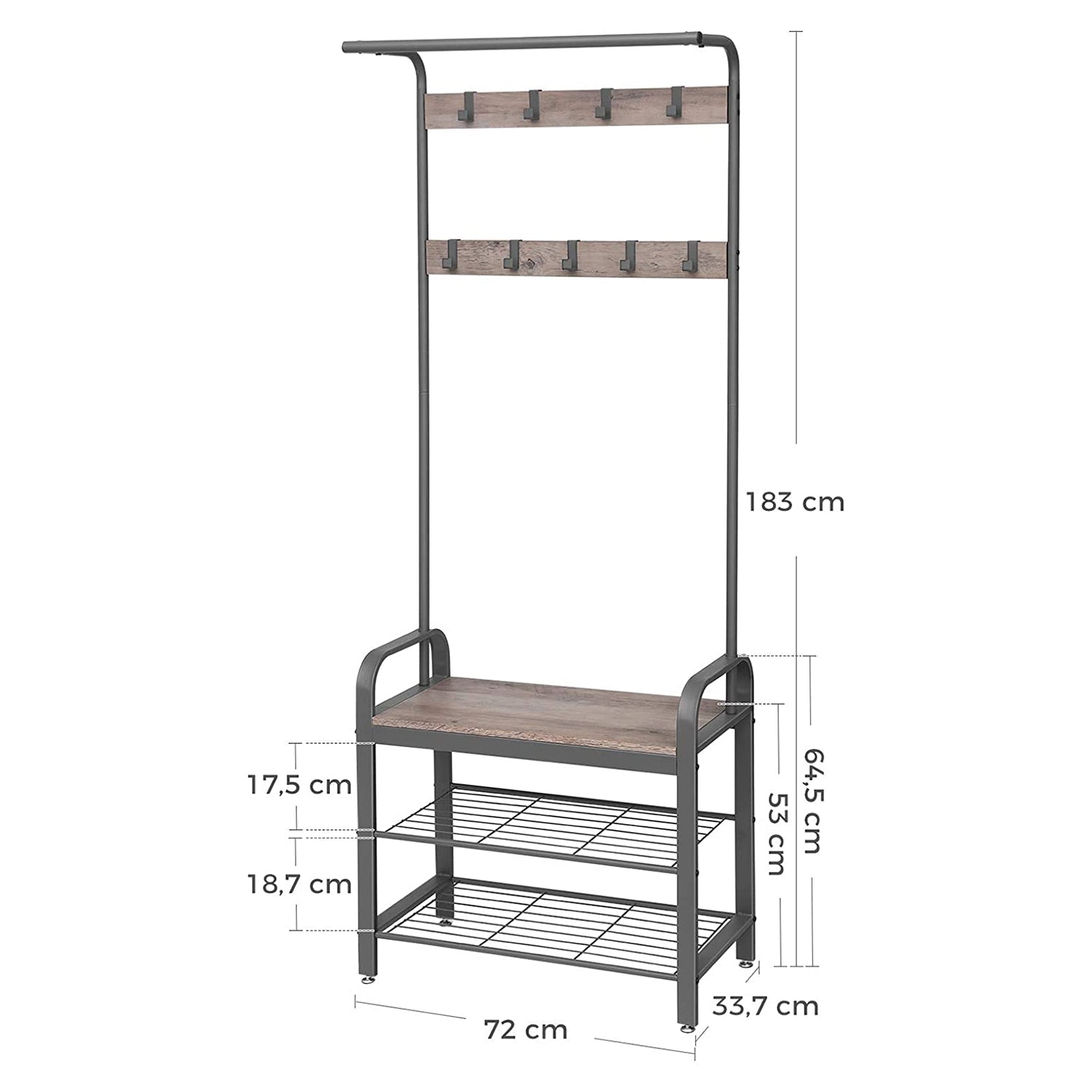 stalak za kapute, stalak za cipele sa sjedalom 72 x 33,7 x 183 cm siva | VASAGLE-vitahome.hr