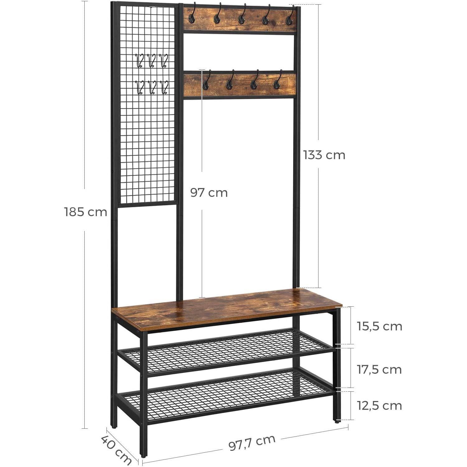 Stalak za kapute, Stalak za kapute s zidnom rešetkom i klupom za cipele 97,7 x 185 x 40 cm | VASAGLE-vitahome.hr