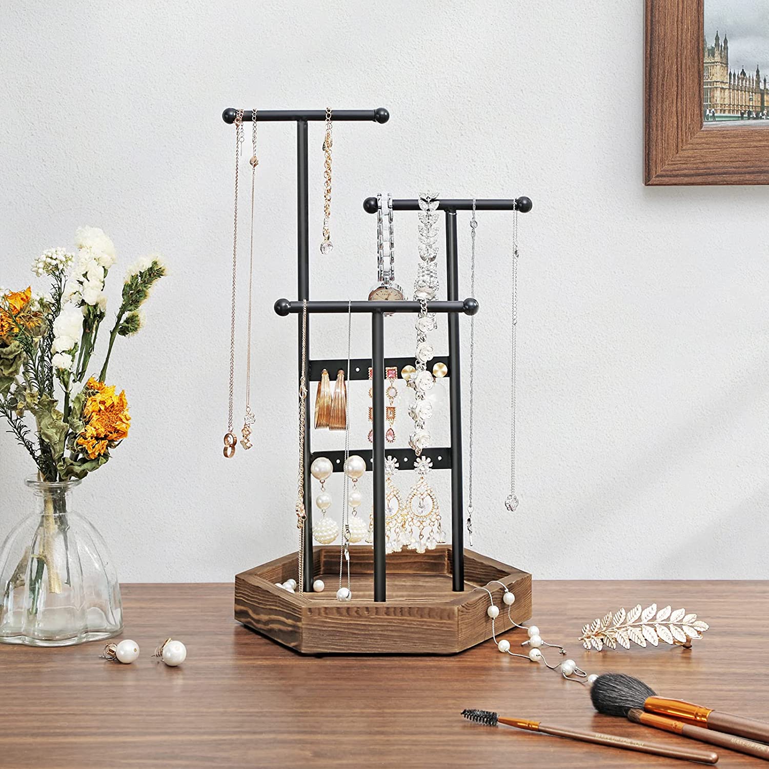 Stalak za nakit, od metala i drveta, 20,5 x 18 x 36 cm, boje drveta i crni | SONGMICS-vitahome.hr