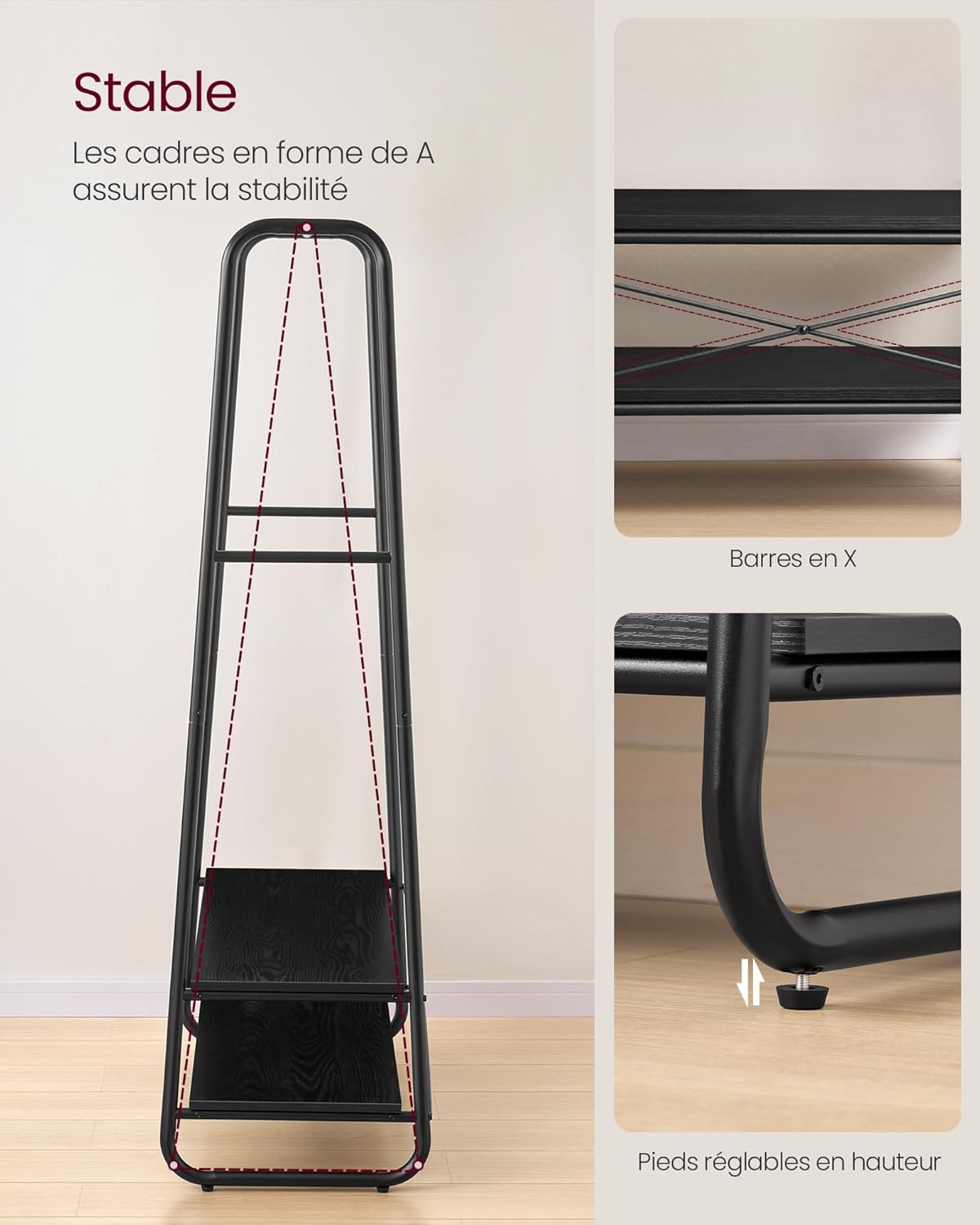 Stalak za odjeću i kapute s 2 police, 45 x 100 x 160 cm , crne boje | VASAGLE-VASAGLE-Vita Home