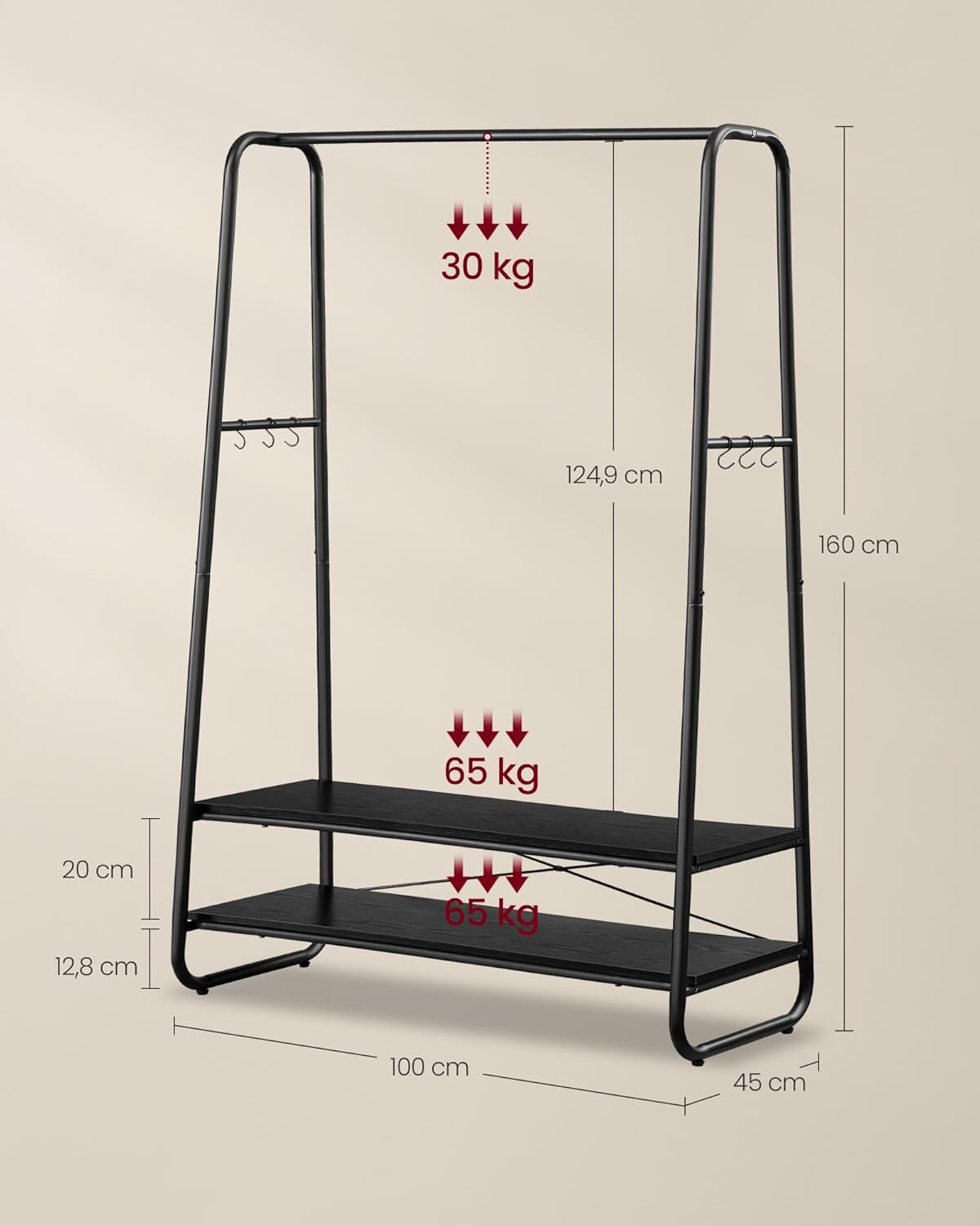 Stalak za odjeću i kapute s 2 police, 45 x 100 x 160 cm , crne boje | VASAGLE-VASAGLE-Vita Home