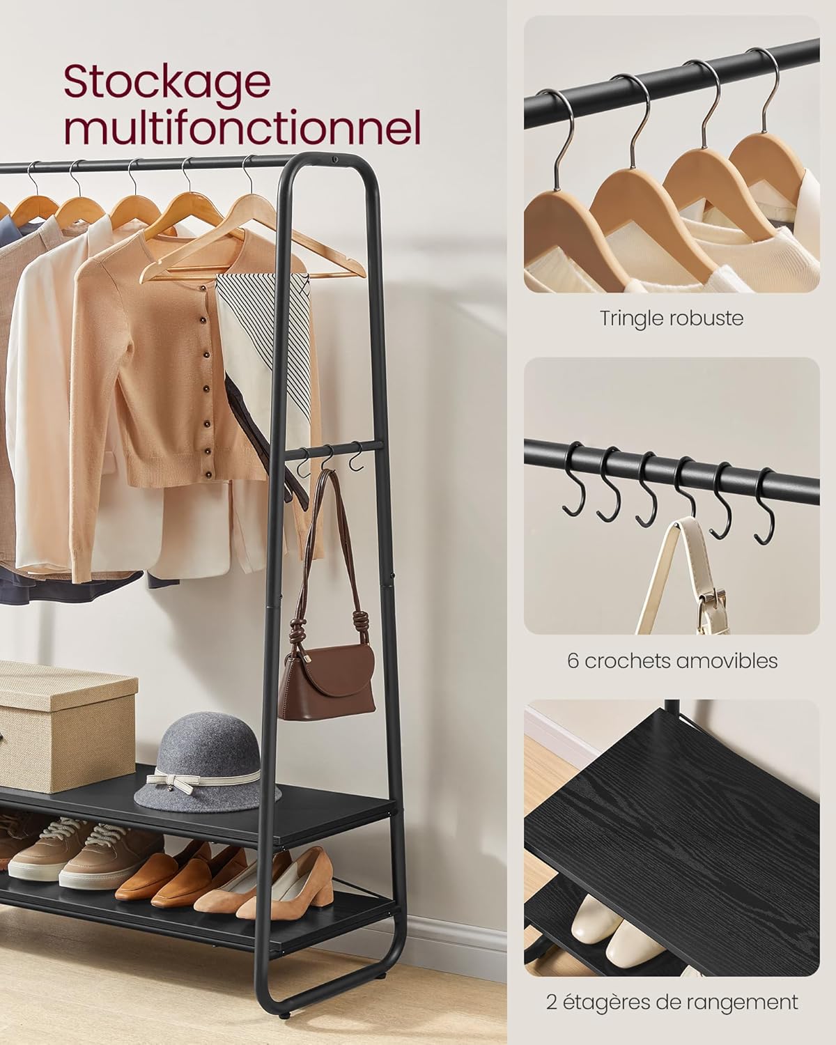 Stalak za odjeću i kapute s 2 police, 45 x 100 x 160 cm , crne boje | VASAGLE-VASAGLE-Vita Home