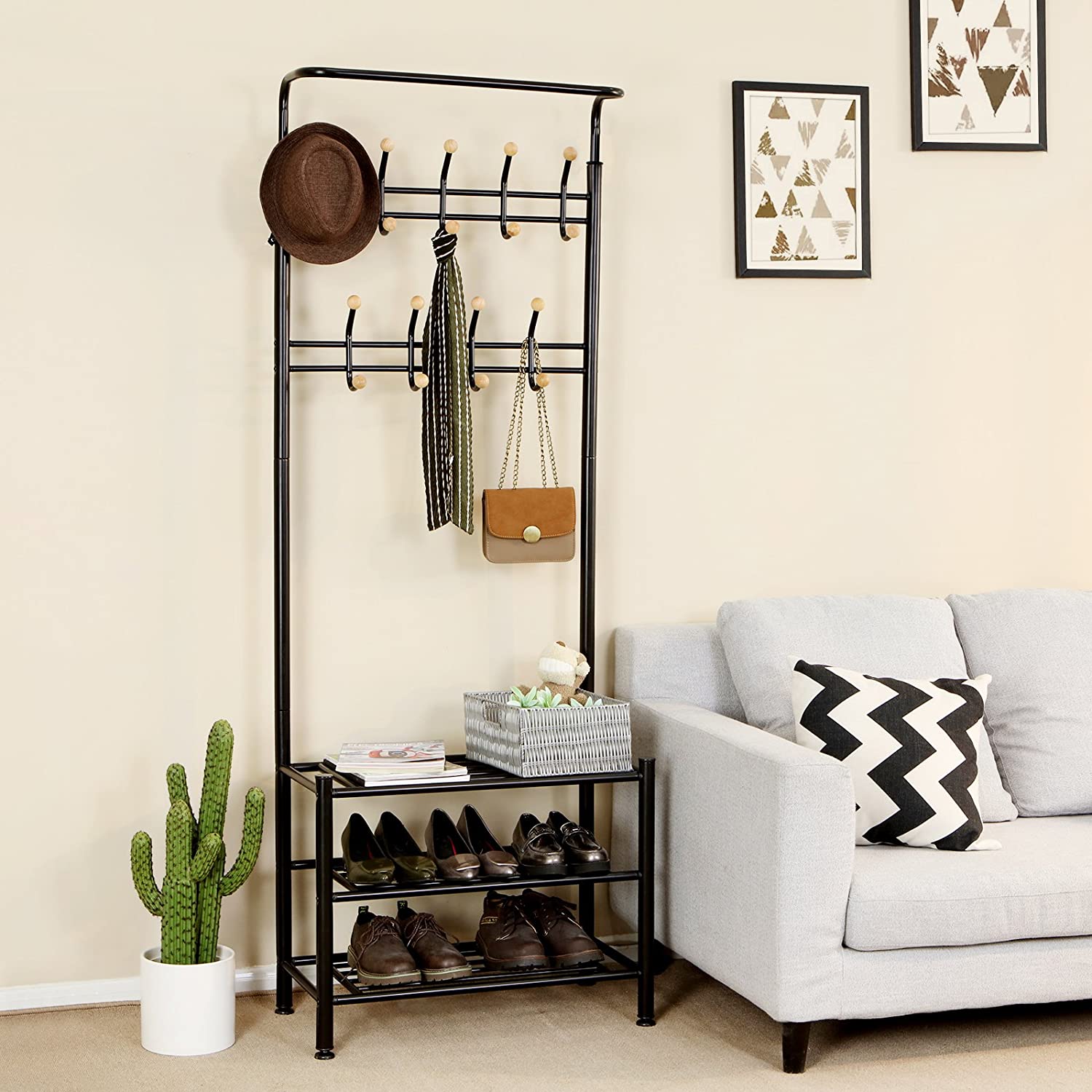 Stalak za odjeću i kapute, s prostorom za cipele, visok 187cm, crni | SONGMICS-vitahome.hr