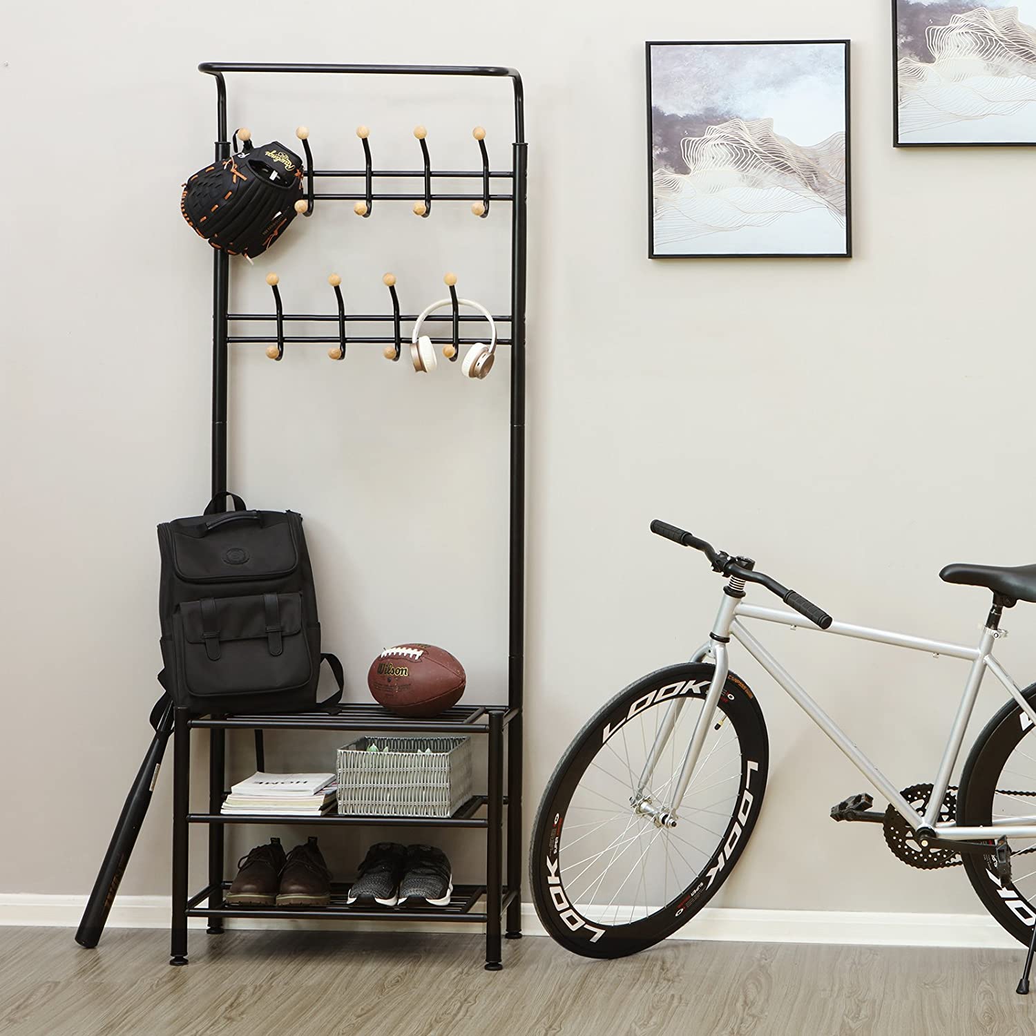 Stalak za odjeću i kapute, s prostorom za cipele, visok 187cm, crni | SONGMICS-vitahome.hr