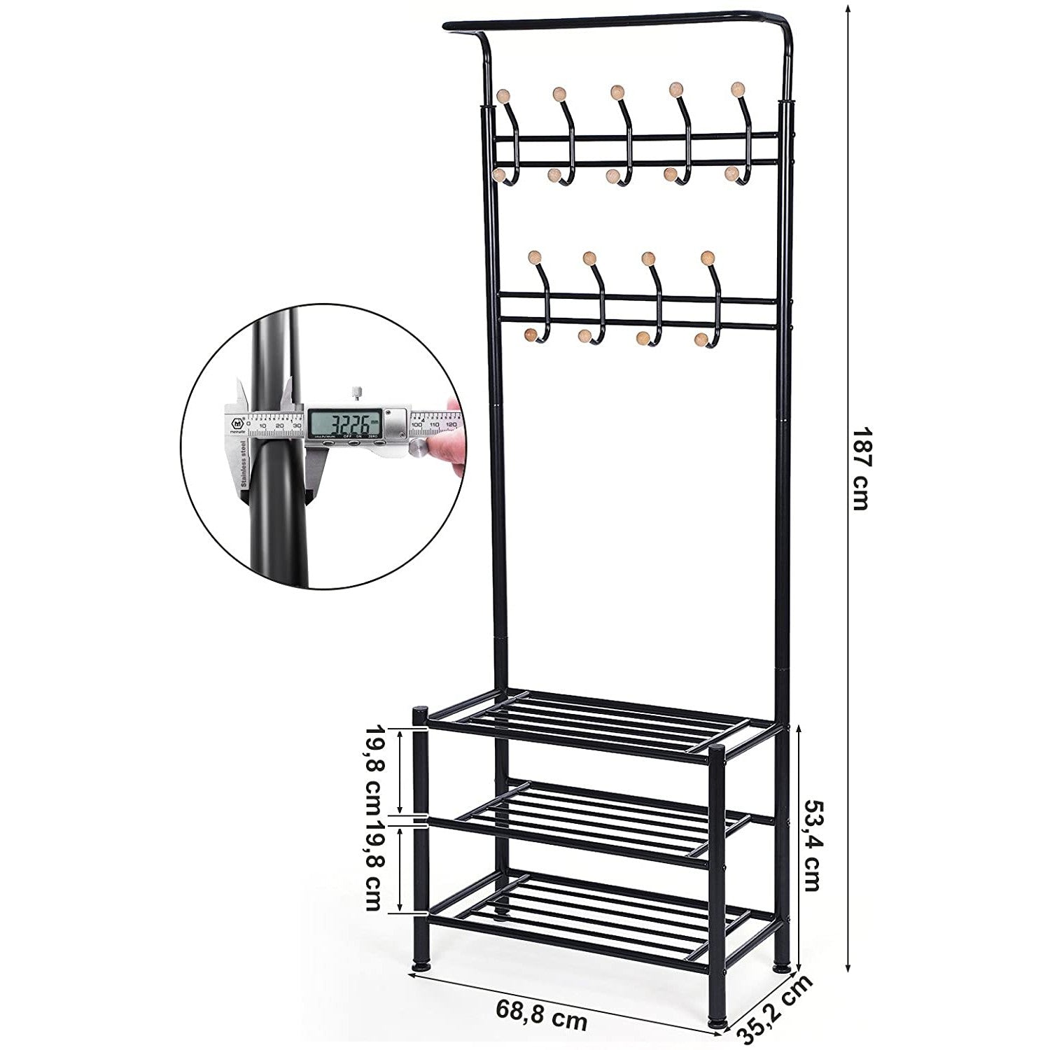Stalak za odjeću i kapute, s prostorom za cipele, visok 187cm, crni | SONGMICS-vitahome.hr