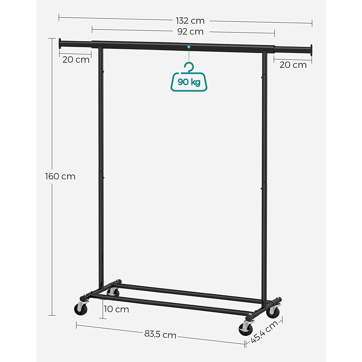 Stalak za odjeću, izdržljiva šipka za odjeću s valjcima, nosivost do 90 kg, crna | SONGMICS-vitahome.hr