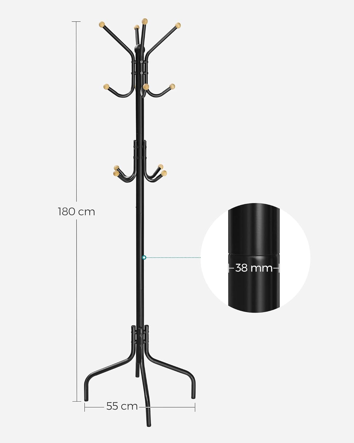 Stalak za odjeću, metalni s 12 kuka, 55 x 55 x 180 cm, crni