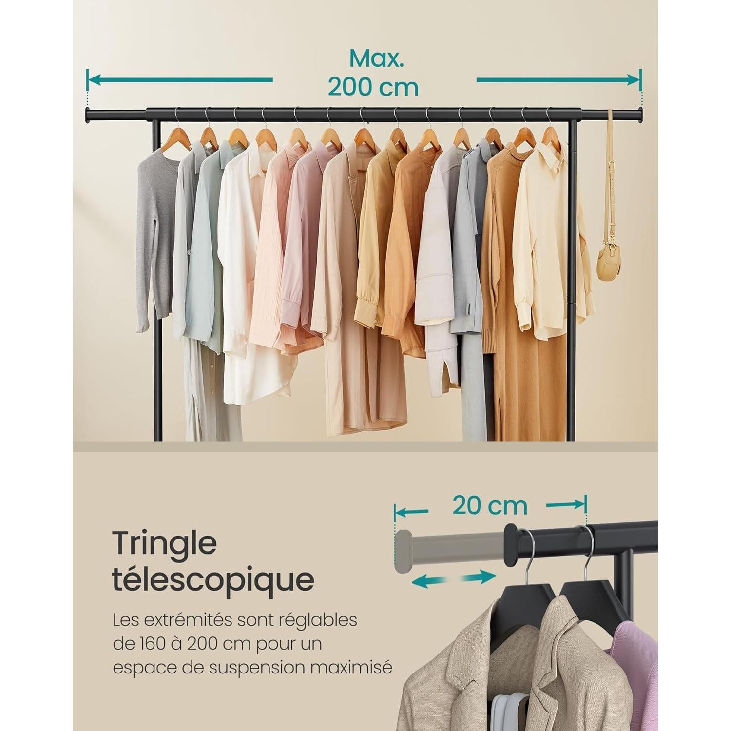 Stalak za odjeću na kotačima, ekstra dugačak, prijenosni, crni