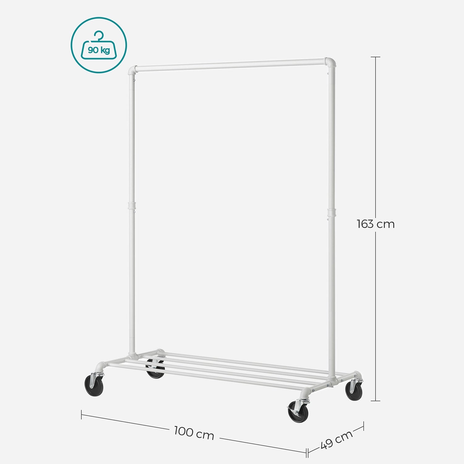 Stalak za odjeću s kotačima, nosivosti do 90kg, 100 x 49 x 163 cm, bijeli | SONGMICS