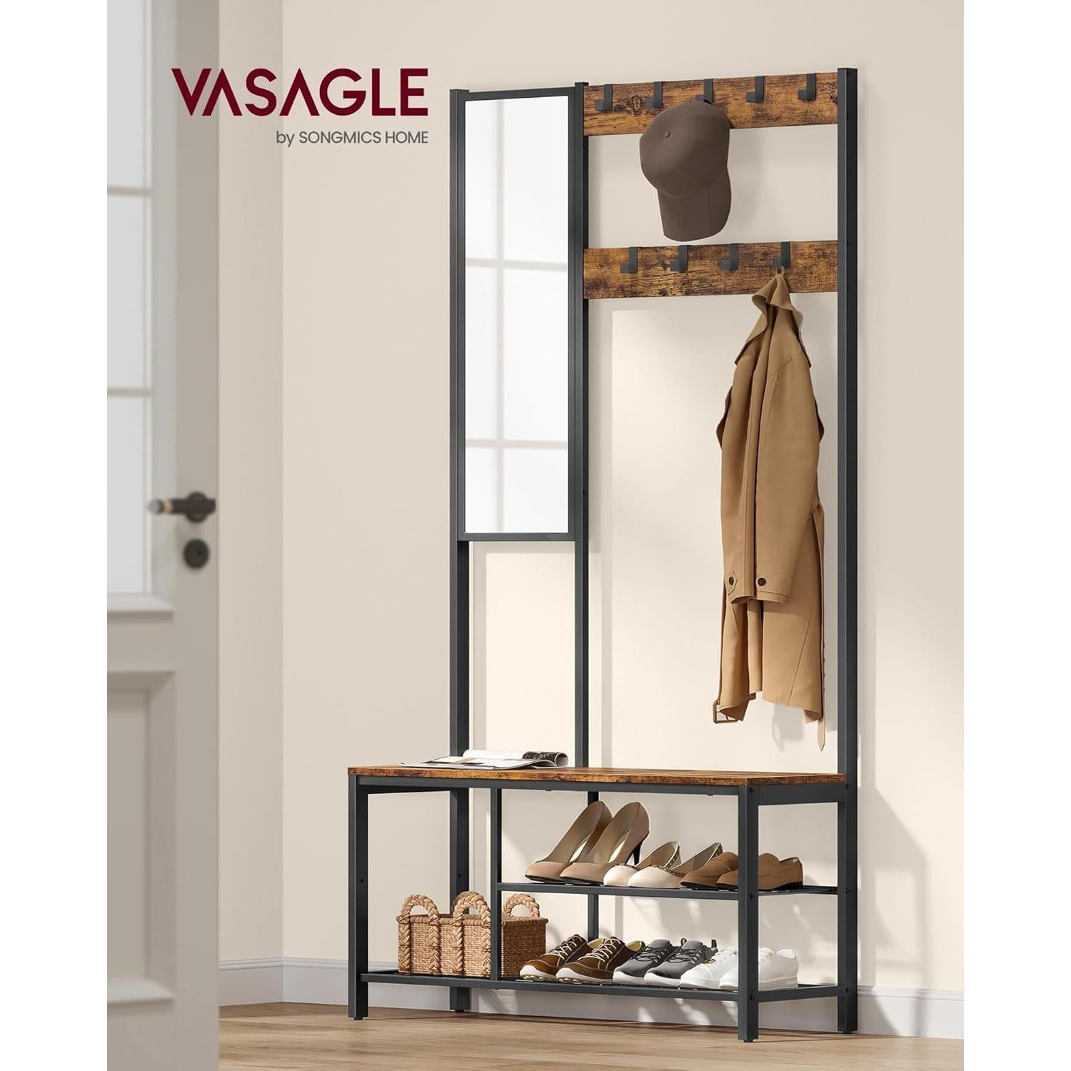 Stalak za odjeću s kukama i zrcalom, 36 x 98 x 185 cm, vintage smeđe-crni | VASAGLE-vitahome.hr