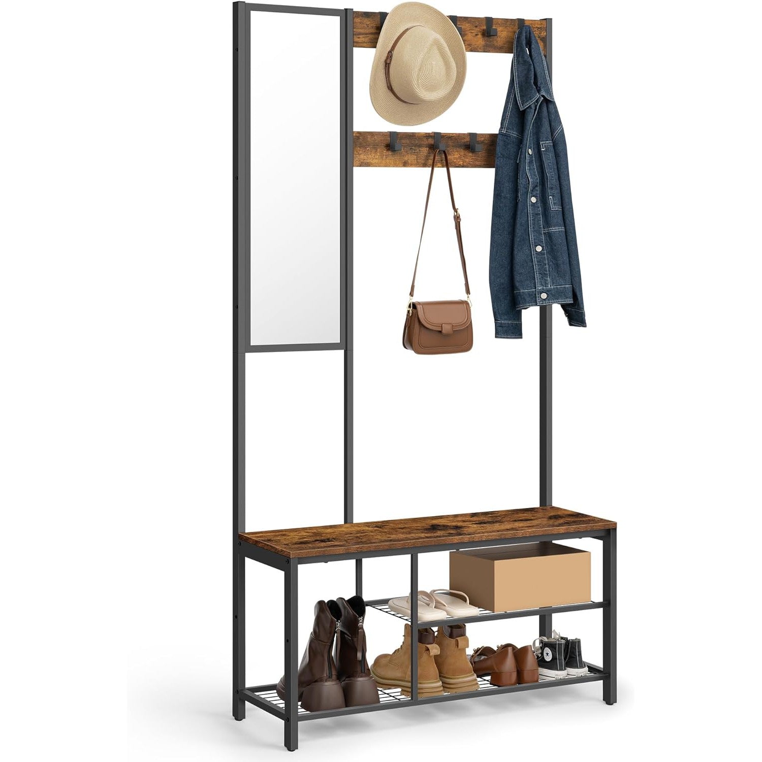 Stalak za odjeću s kukama i zrcalom, 36 x 98 x 185 cm, vintage smeđe-crni | VASAGLE-vitahome.hr