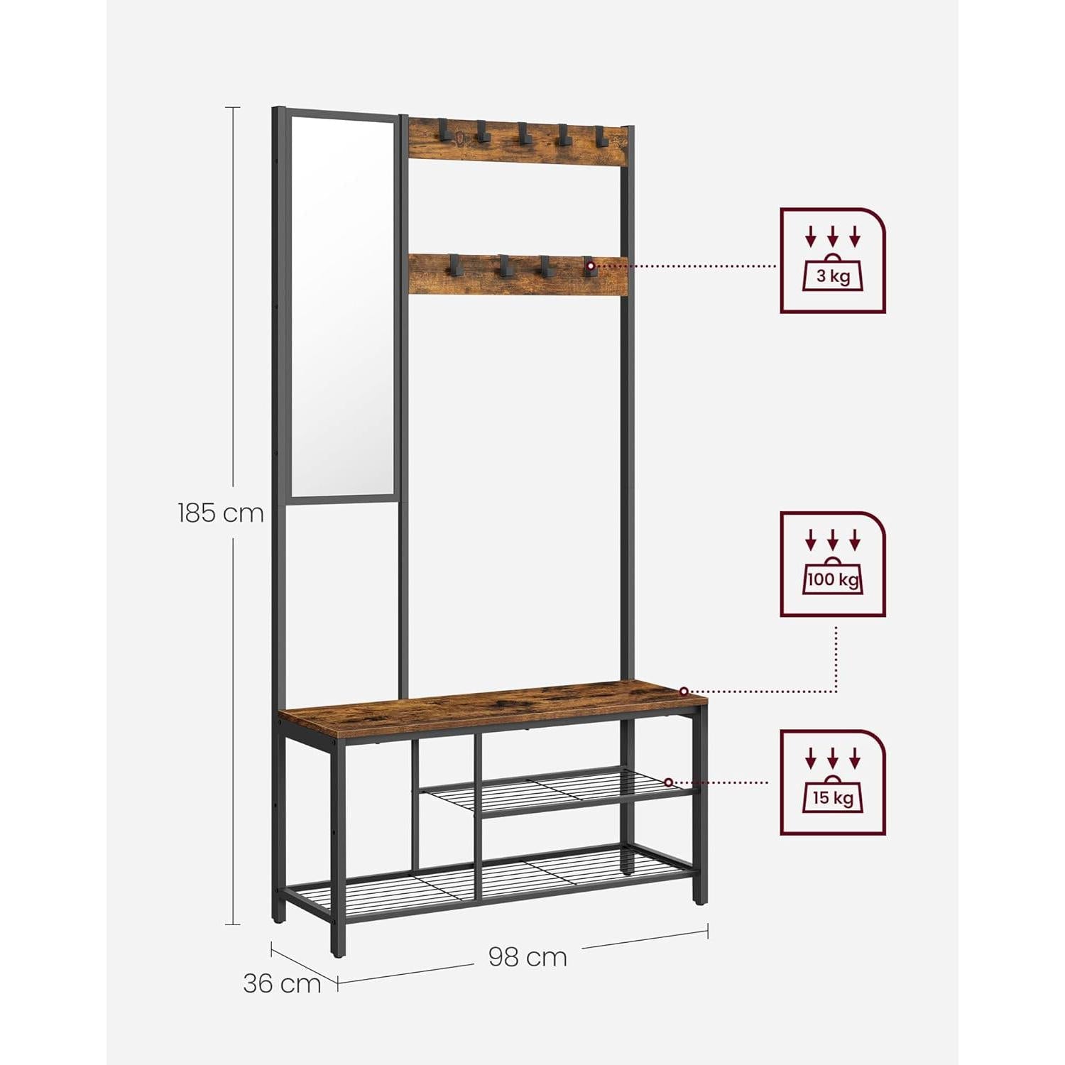 Stalak za odjeću s kukama i zrcalom, 36 x 98 x 185 cm, vintage smeđe-crni | VASAGLE-vitahome.hr