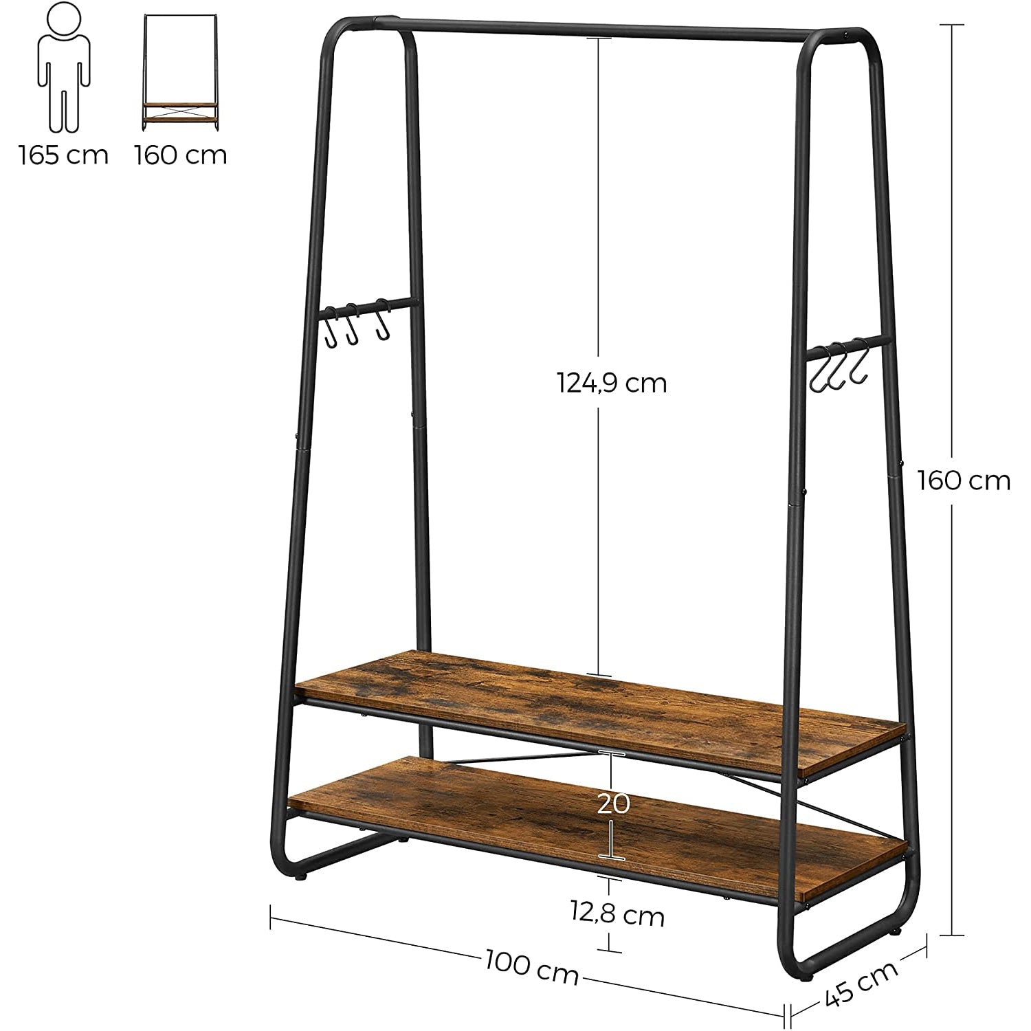 Stalak za odjeću s policama, stalak za kapute 100 x 160 x 45 cm, rustikalno smeđa | VASAGLE-vitahome.hr