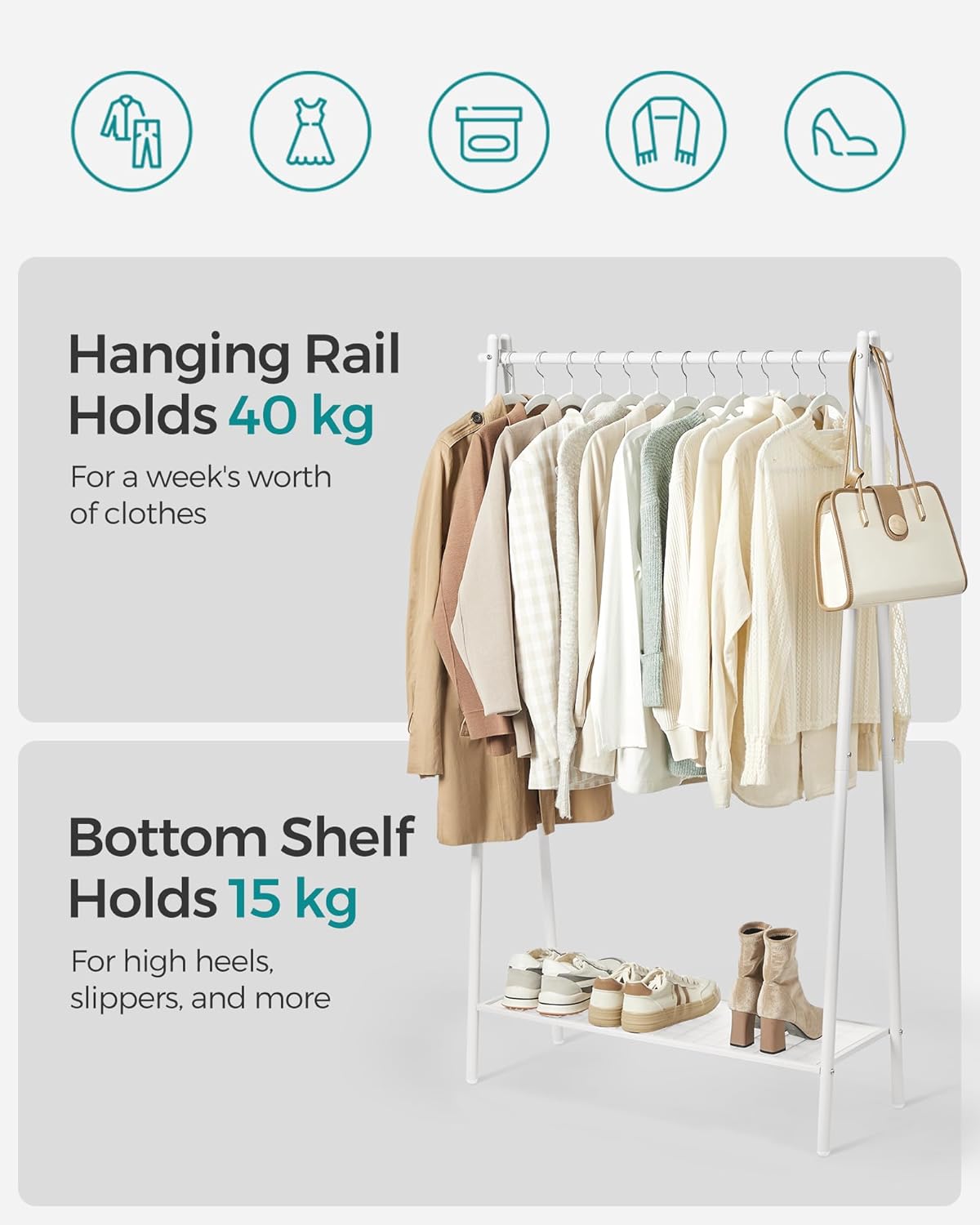 Stalak za odjeću s policom, od čelika, 33,5 x 92,5 x 153 cm, bijeli | SONGMICS-SONGMICS-Vita Home