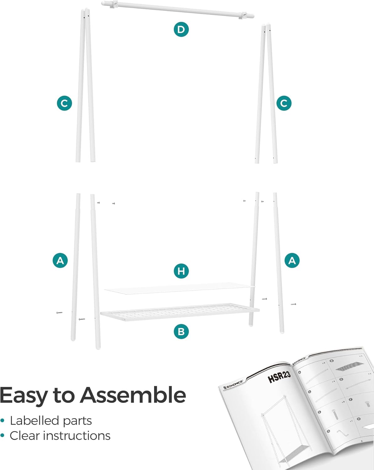 Stalak za odjeću s policom, od čelika, 33,5 x 92,5 x 153 cm, bijeli | SONGMICS-SONGMICS-Vita Home