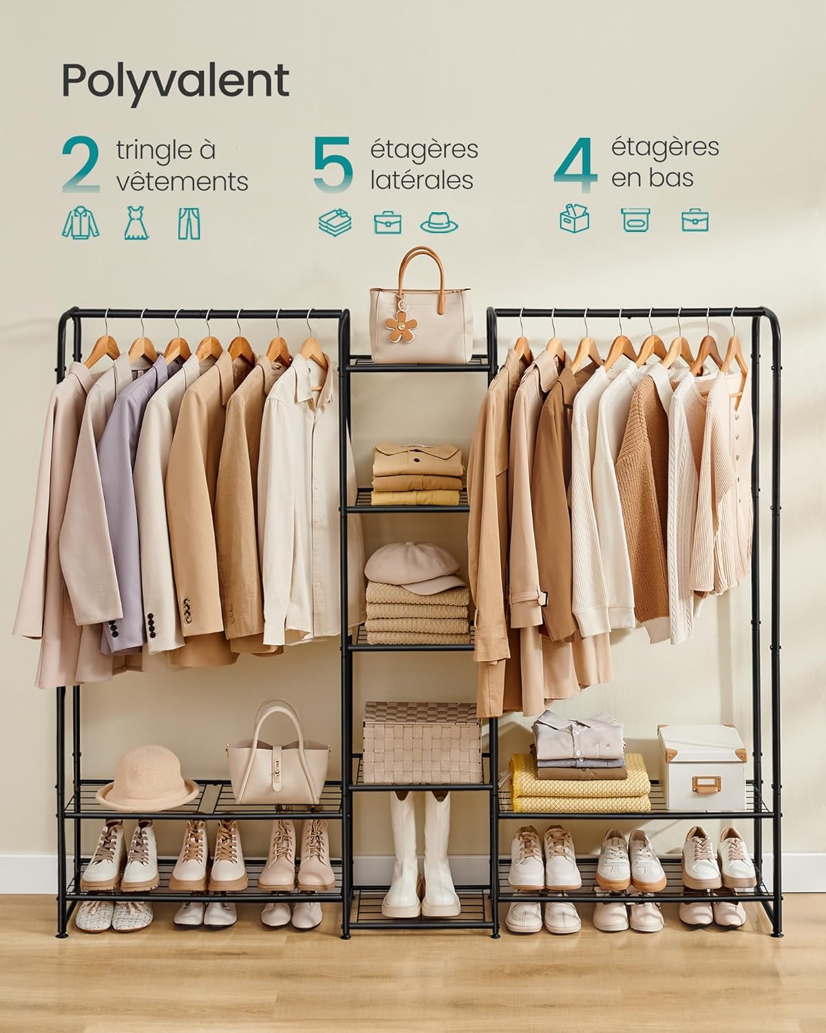 Stalak za odjeću sa šipkom i policama, metalna vješalica, mat crna