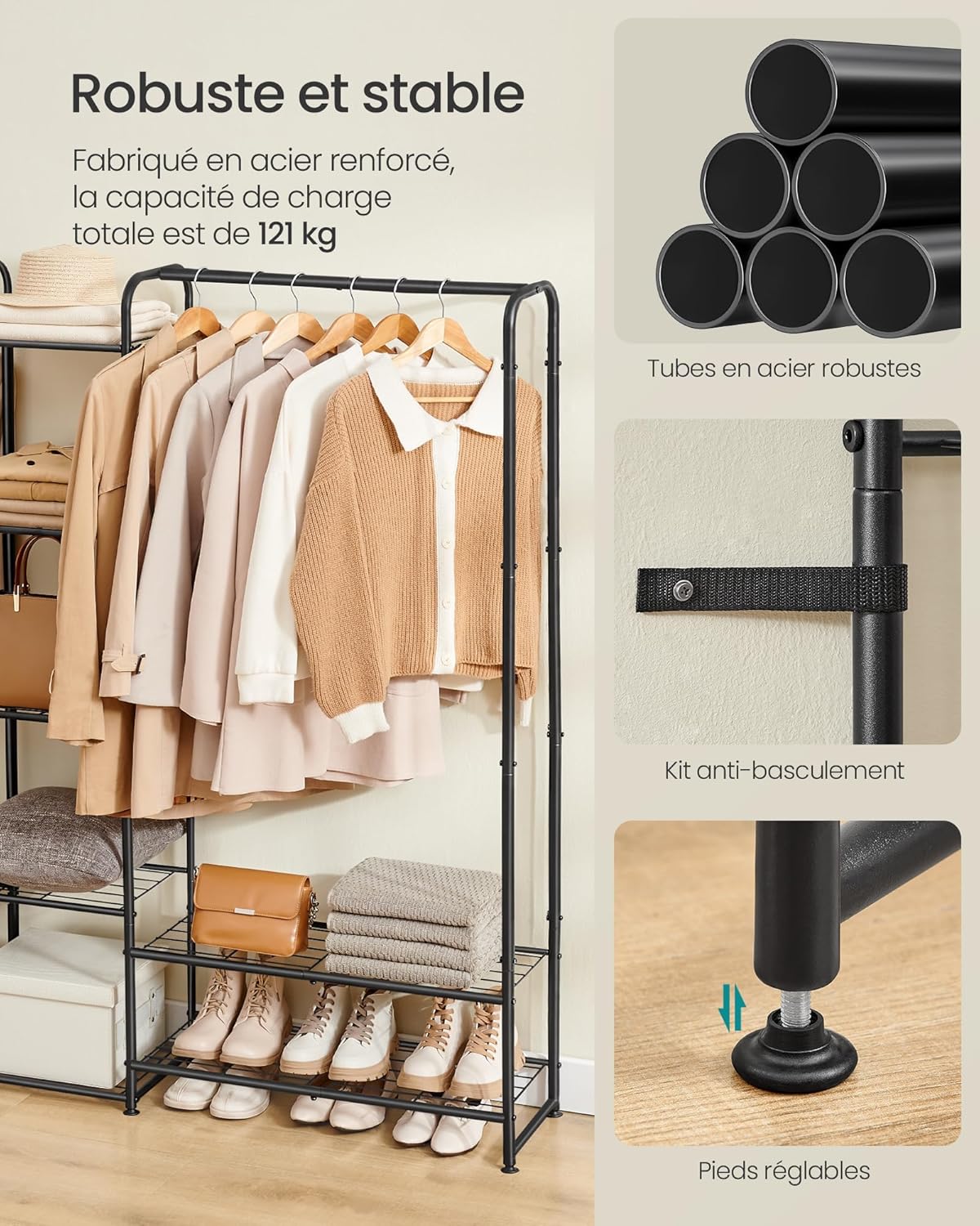 Stalak za odjeću sa šipkom i policama, metalna vješalica, mat crna