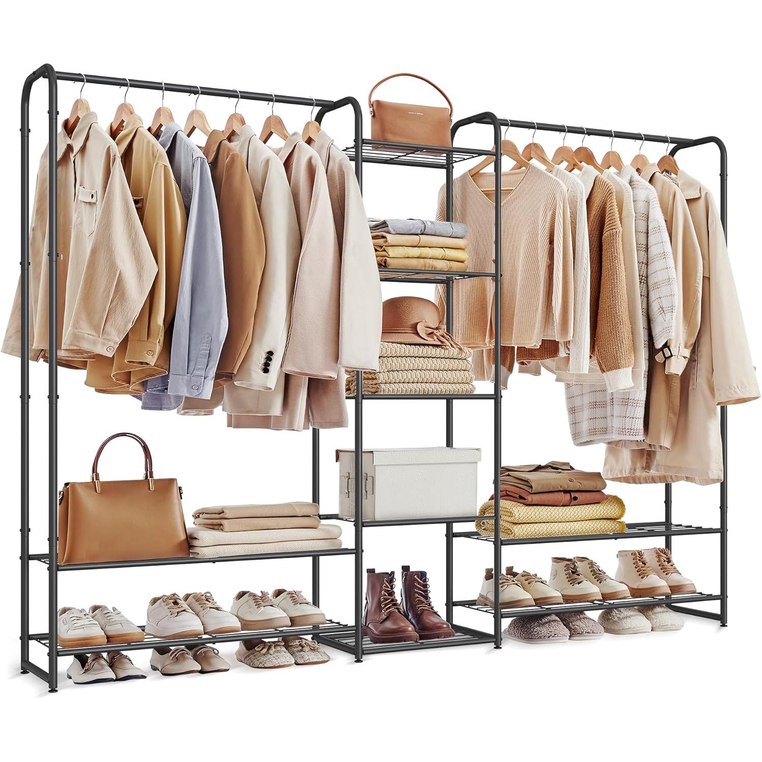 Stalak za odjeću sa šipkom i policama, metalna vješalica, mat crna