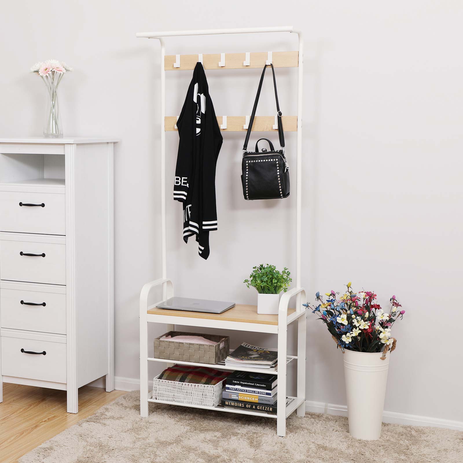 Stalak za odjeću, stalak za kapute, stalak za cipele sa sjedalom 183 x 72 x 33,7 cm krem bijela | VASAGLE-vitahome.hr