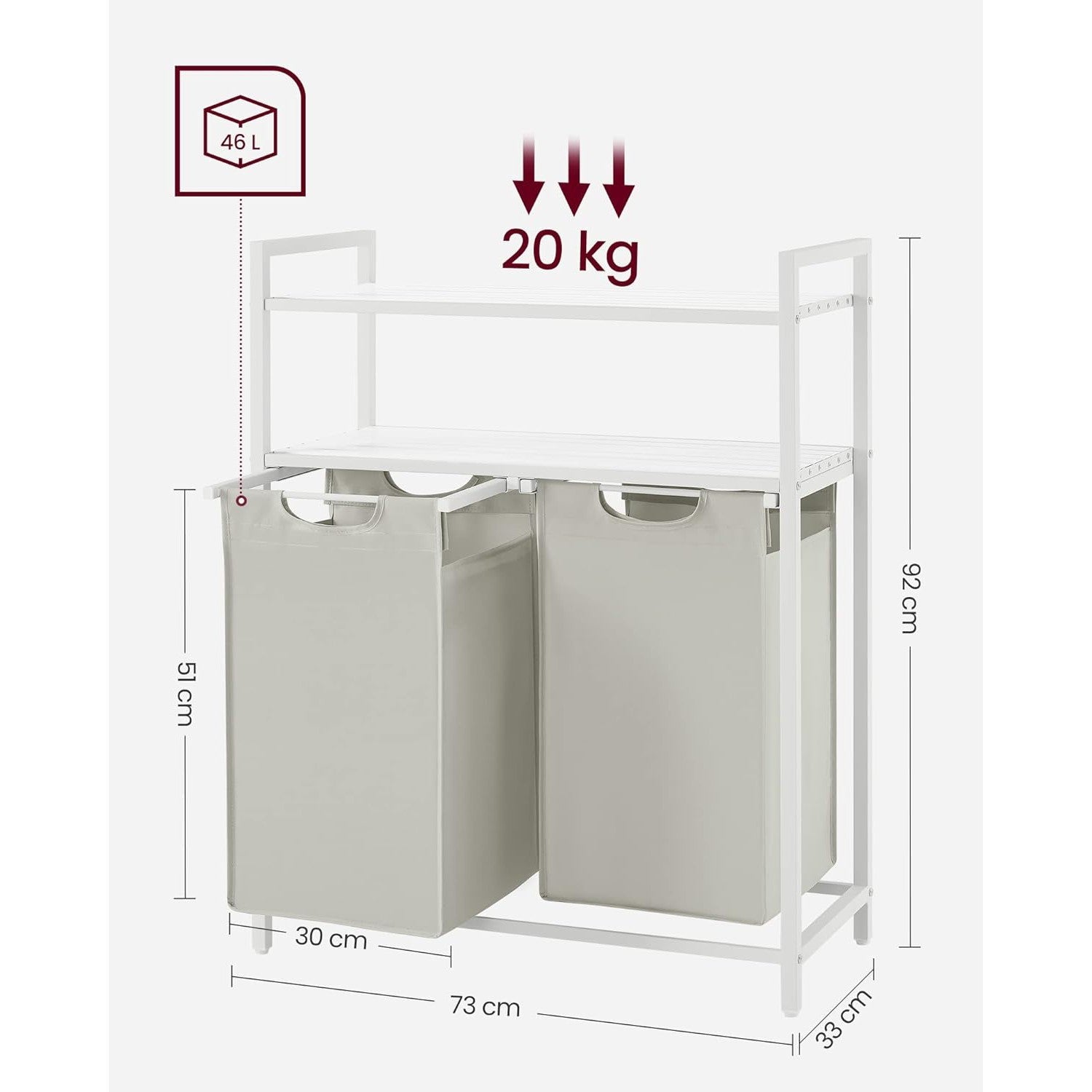 Stalak za rublje, košara za rublje s dvije police, 2 x 46L, bijeli | Vasdom.hr-vitahome.hr