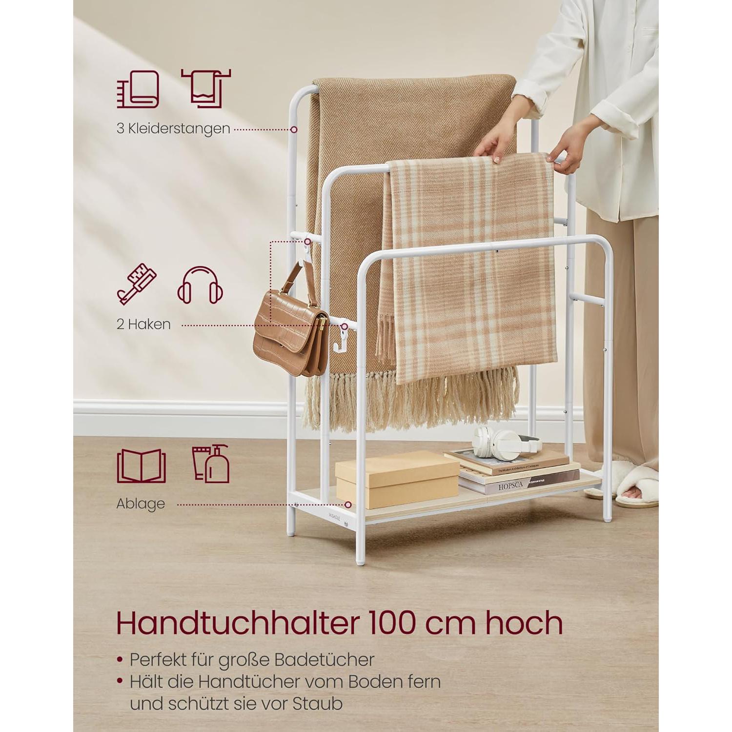 Stalak za ručnike i deke s 3 šipke, 70 x 30 x 100 cm, bež i bijele boje | VASAGLE-vitahome.hr