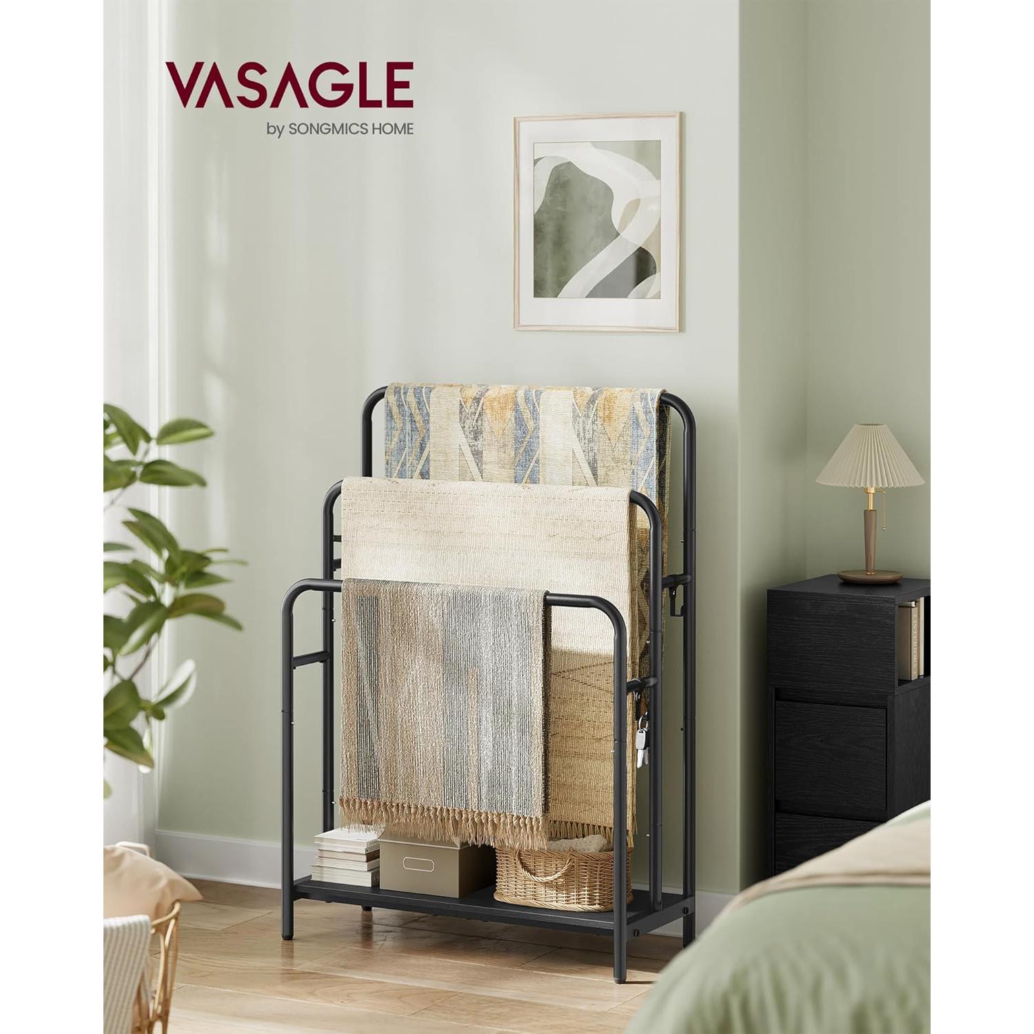 Stalak za ručnike i deke s 3 šipke, 70 x 30 x 100 cm, crne boje | VASAGLE-vitahome.hr