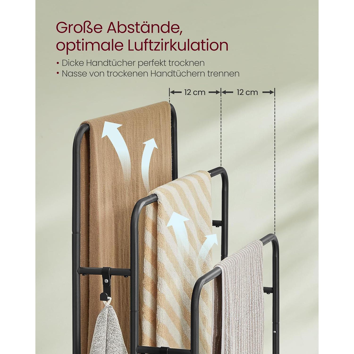 Stalak za ručnike i deke s 3 šipke, 70 x 30 x 100 cm, crne boje | VASAGLE-vitahome.hr