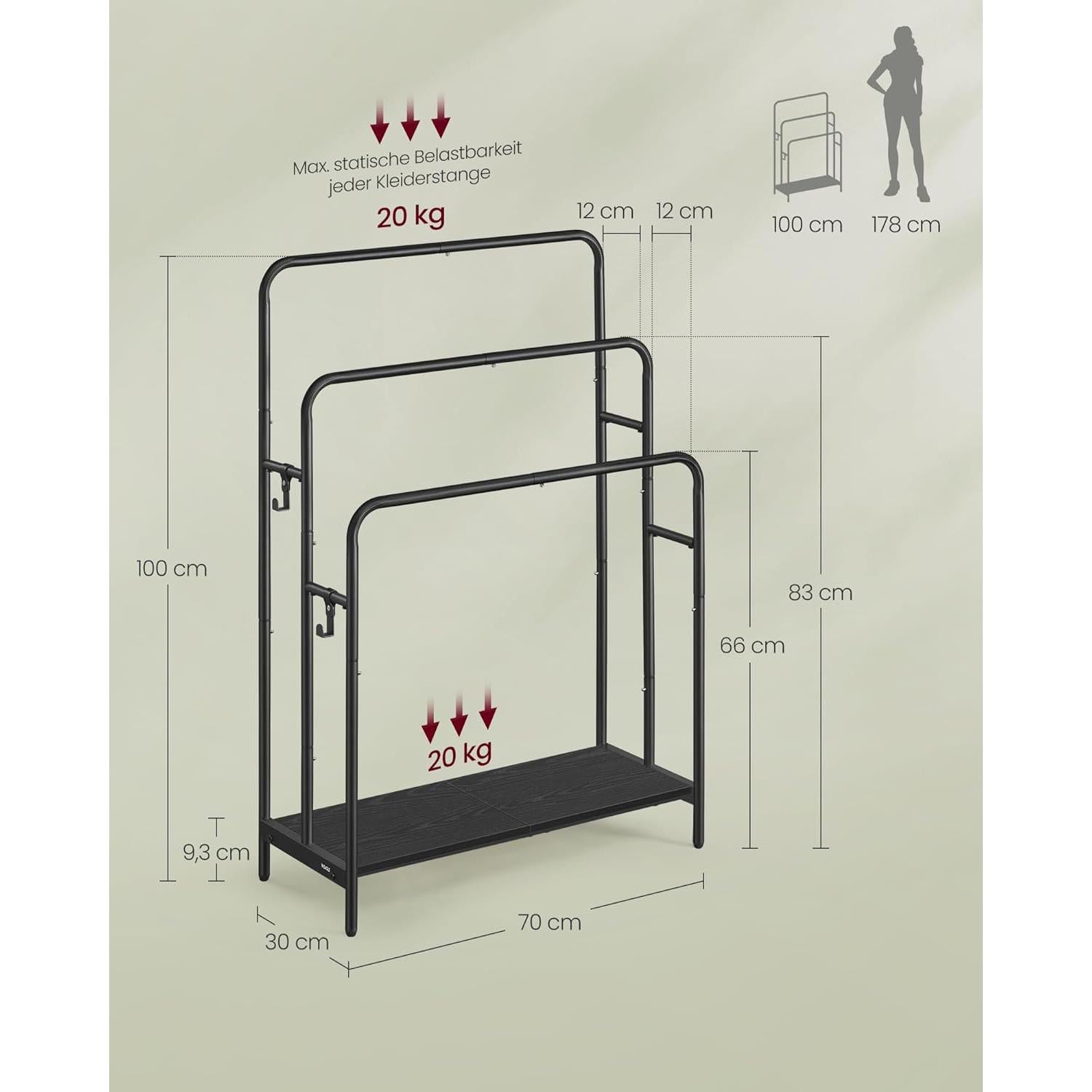 Stalak za ručnike i deke s 3 šipke, 70 x 30 x 100 cm, crne boje | VASAGLE-vitahome.hr