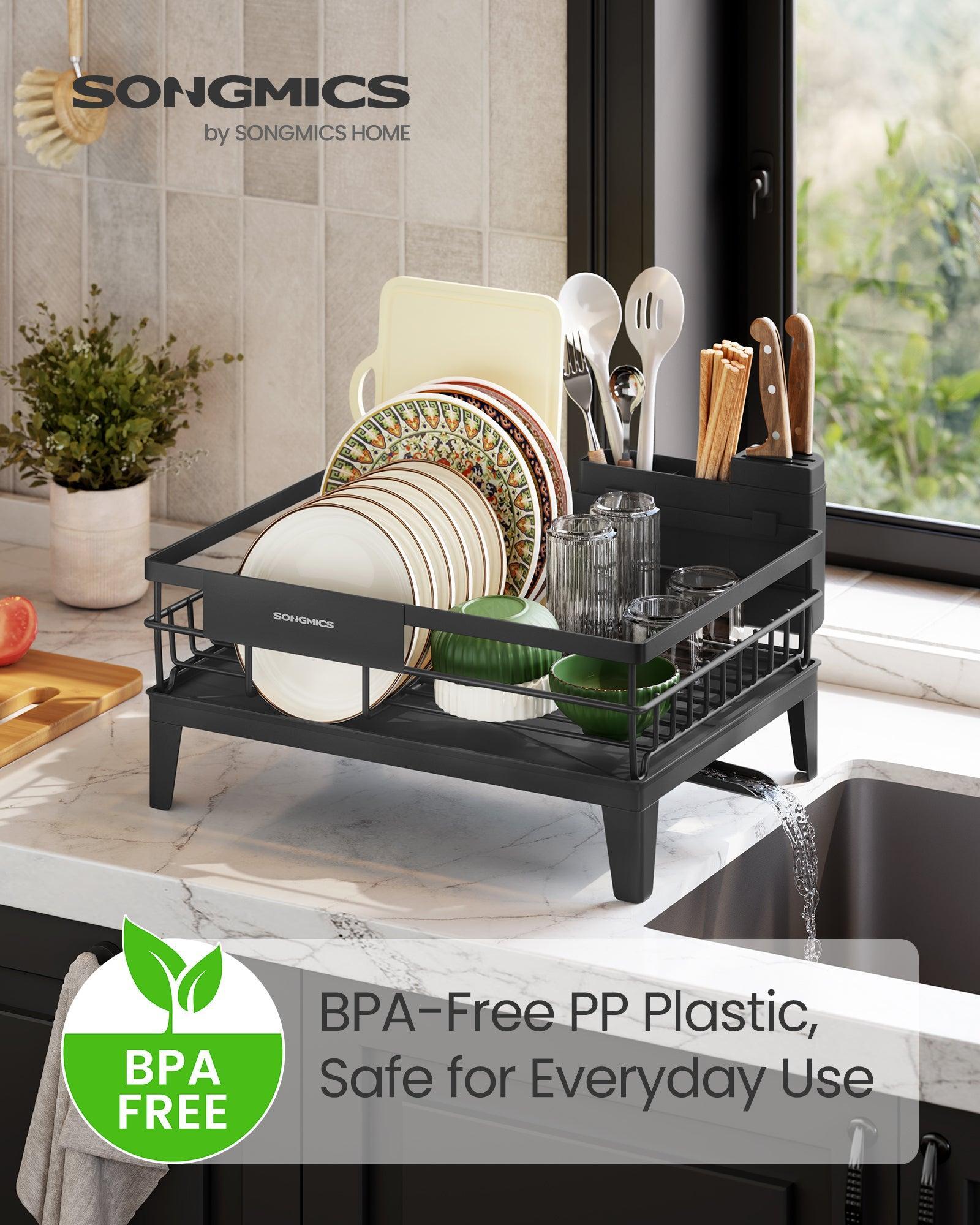 Stalak za sušenje posuđa, s odvodom koji se okreće za 360° i izvlači, crni