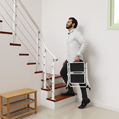 Stepenica na 2 razine, stabilno, prijenosno i sklopivo, nosivost 150 kg, bijele | SONGMICS-vitahome.hr