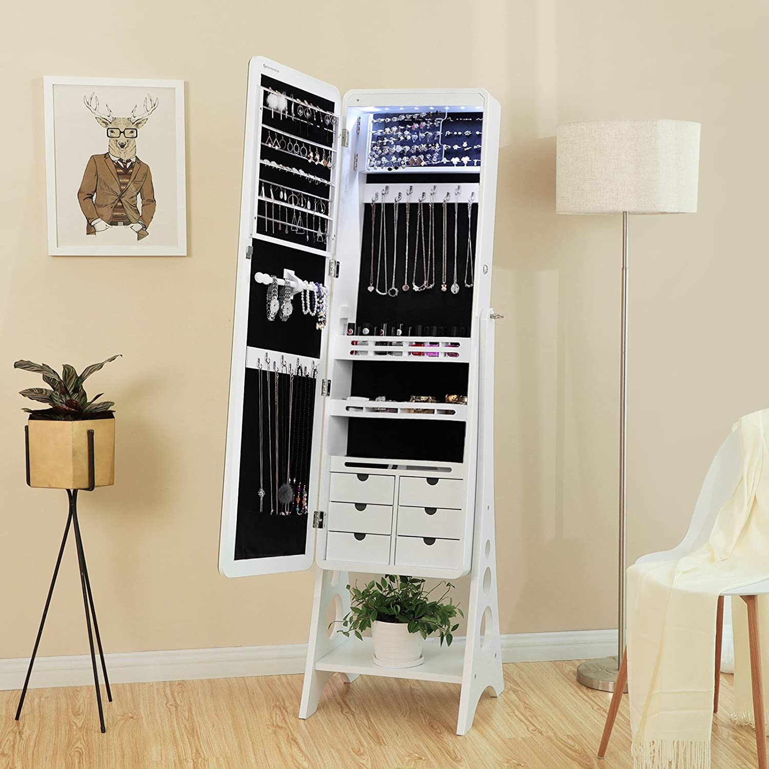 Stojeći ormarić za nakit s 8 LED dioda, na zaključavanje, bijeli | SONGMICS-vitahome.hr
