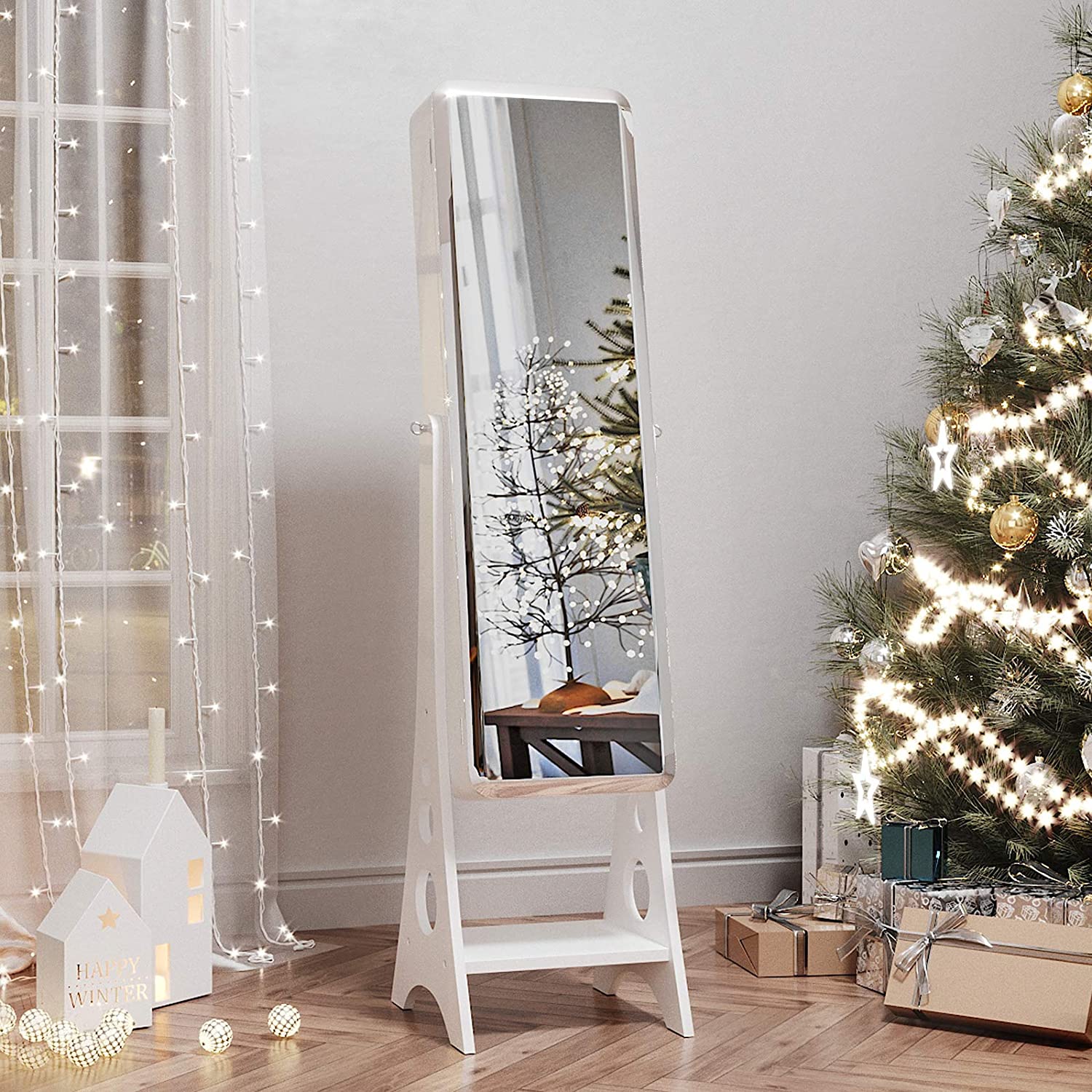 Stojeći ormarić za nakit s 8 LED dioda, na zaključavanje, bijeli | SONGMICS-vitahome.hr