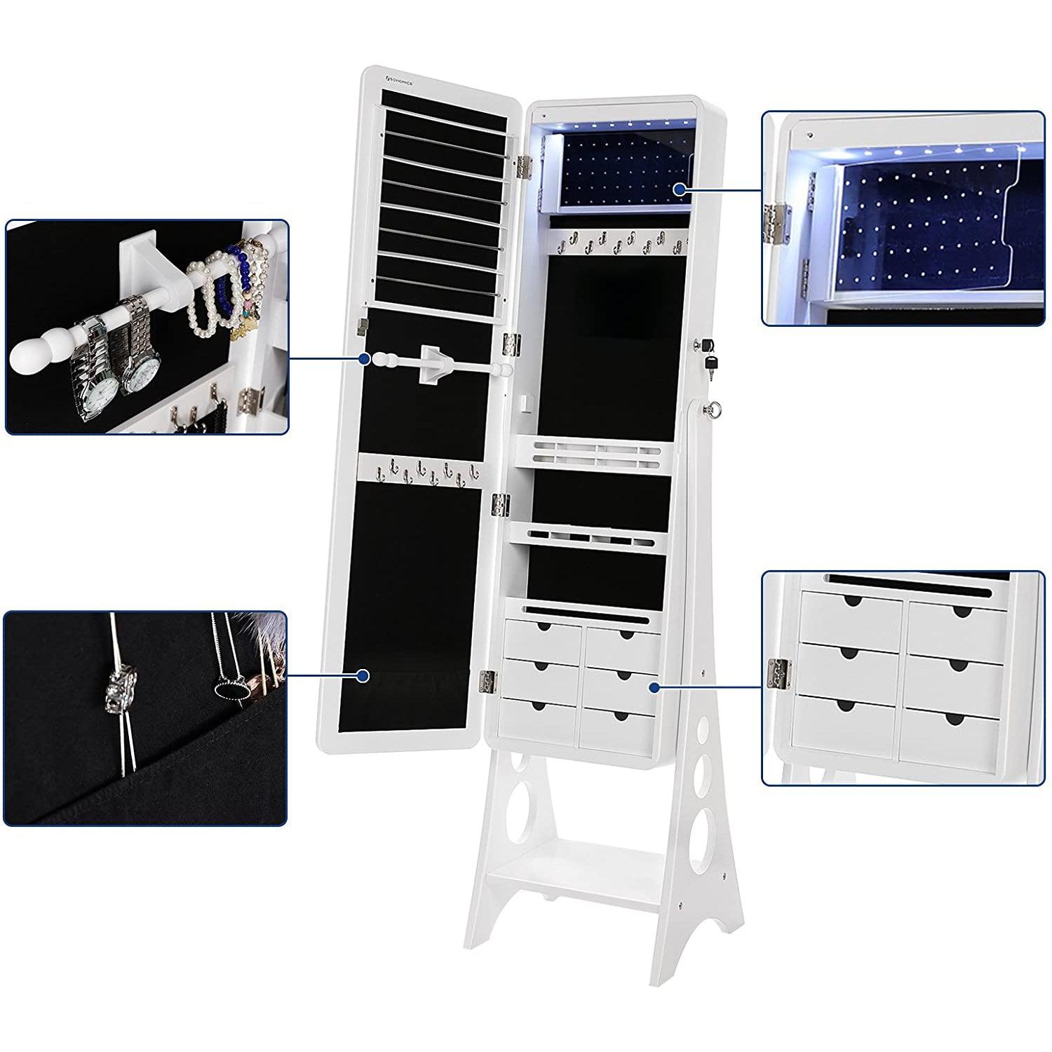 Stojeći ormarić za nakit s 8 LED dioda, na zaključavanje, bijeli | SONGMICS-vitahome.hr